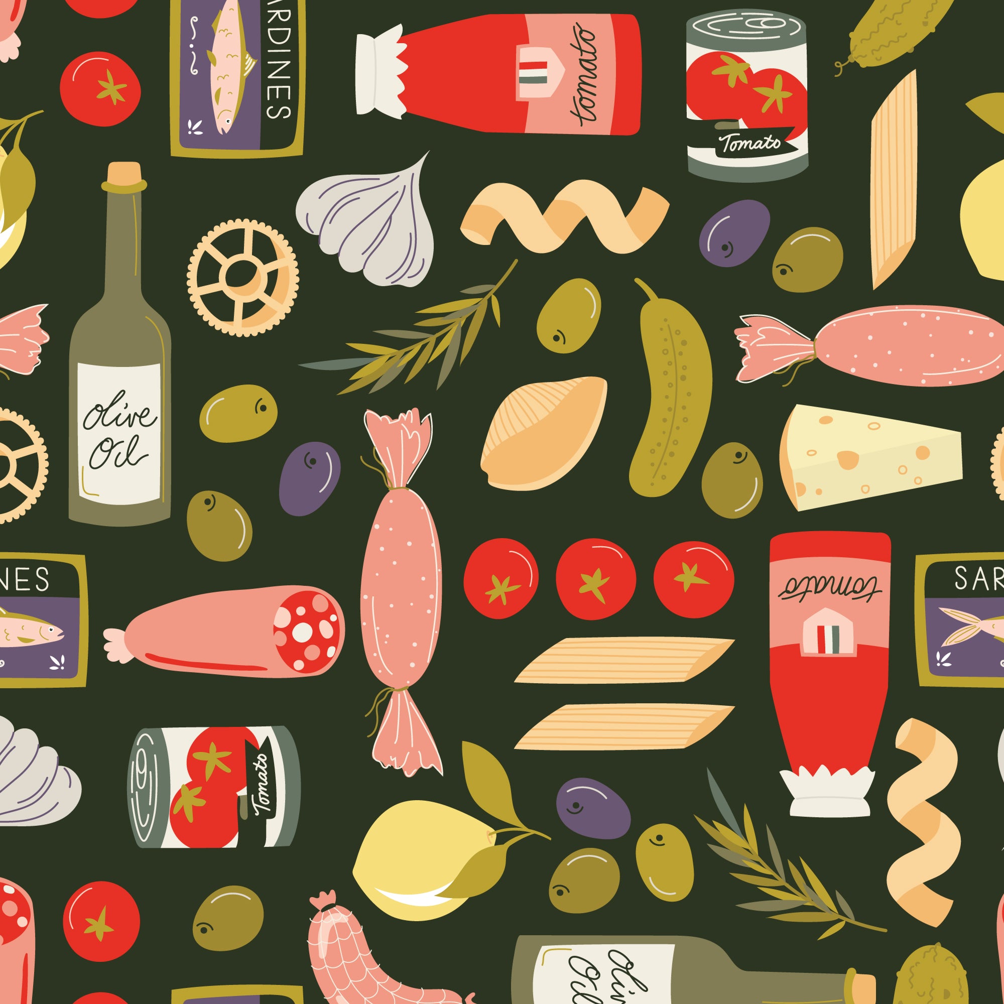 A repeating illustrated fabric of food items on a dark green background, including tomatoes, pasta, sausage, garlic, olive oil, canned tomatoes, cheese, olives, cucumber, lemon, and bread.