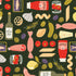 A repeating illustrated fabric of food items on a dark green background, including tomatoes, pasta, sausage, garlic, olive oil, canned tomatoes, cheese, olives, cucumber, lemon, and bread.