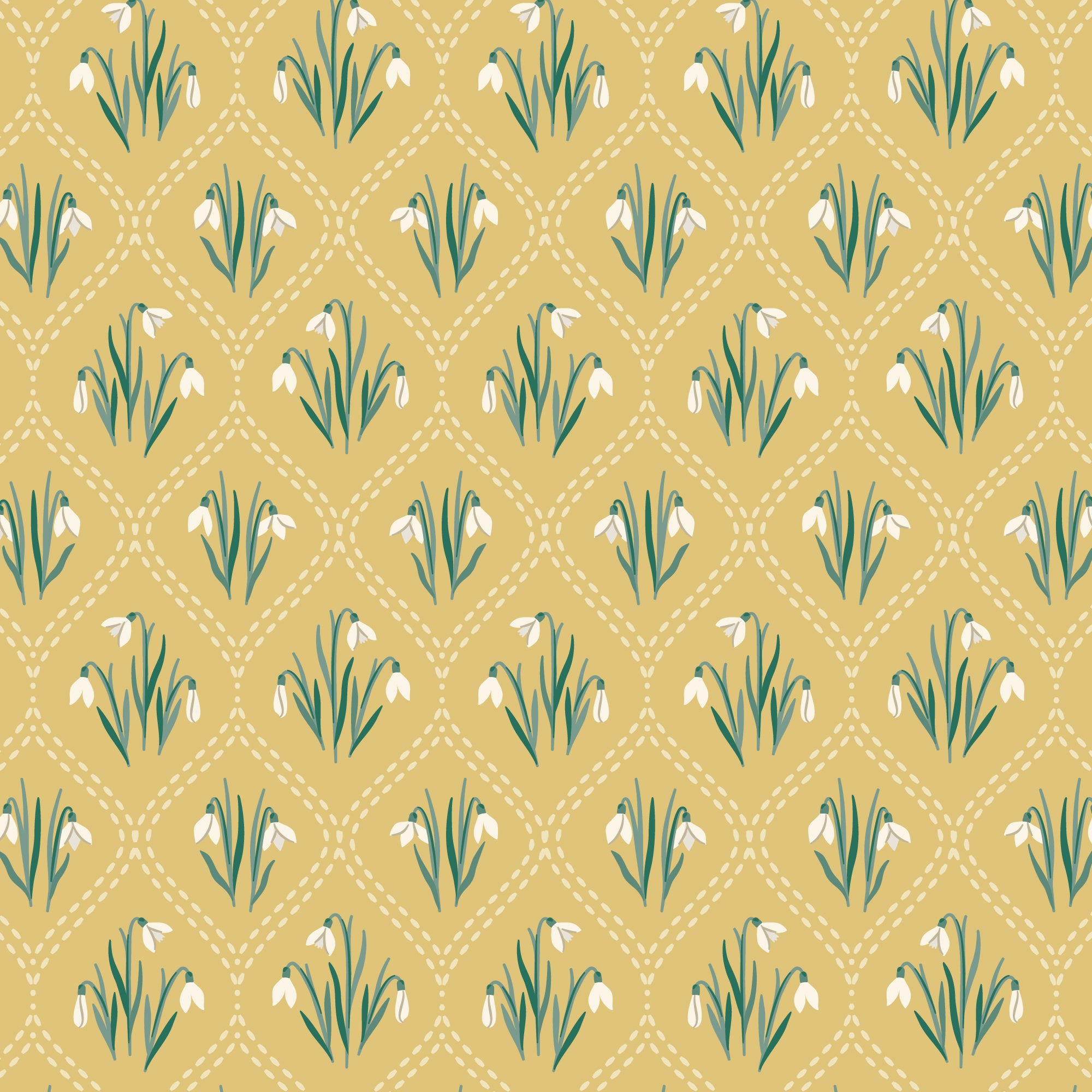 A repeating floral pattern featuring white snowdrops with green stems on a warm mustard-yellow background, arranged in a diamond lattice with dotted lines.