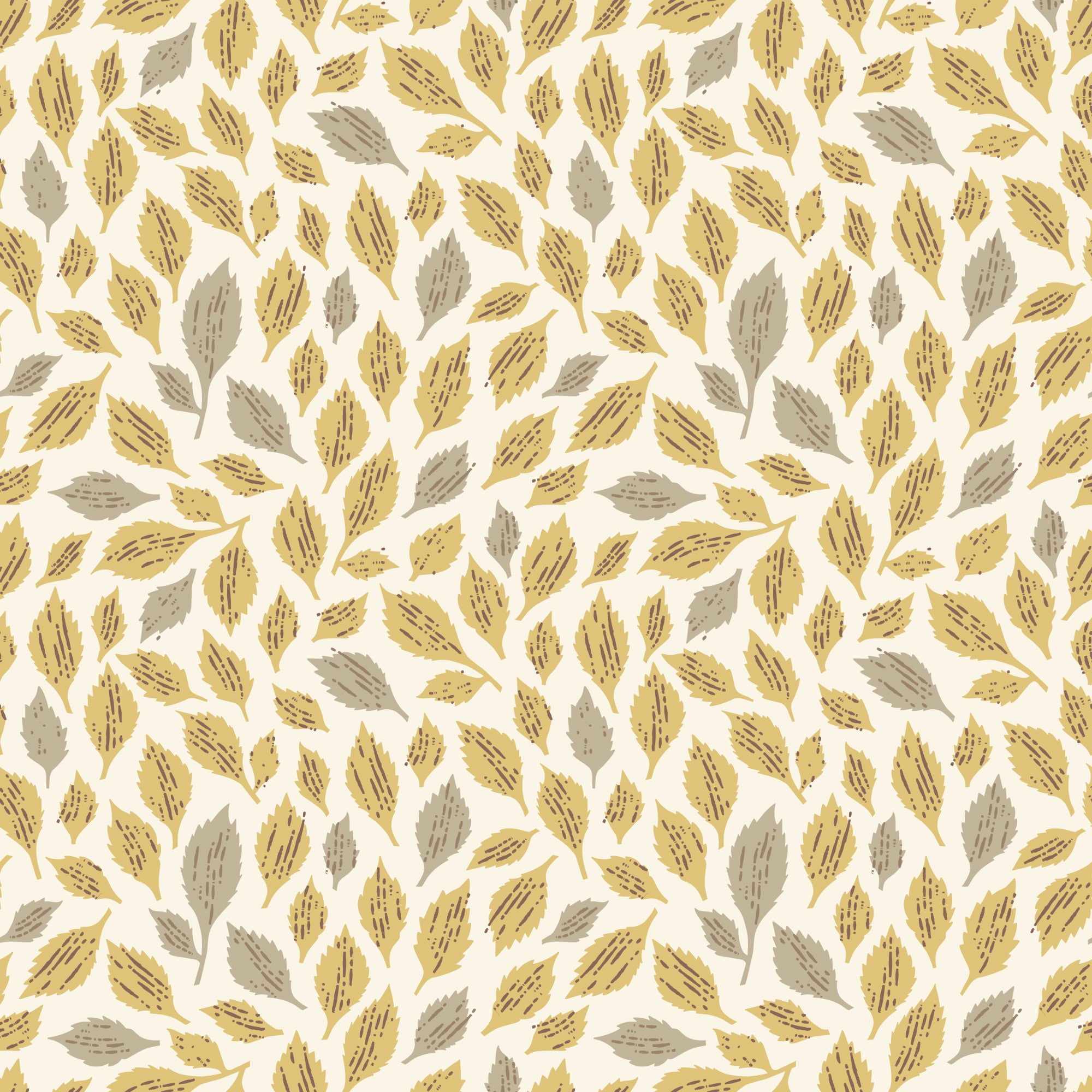 A repeating pattern of stylized leaf motifs in warm mustard yellow and taupe-gray on an off-white background.