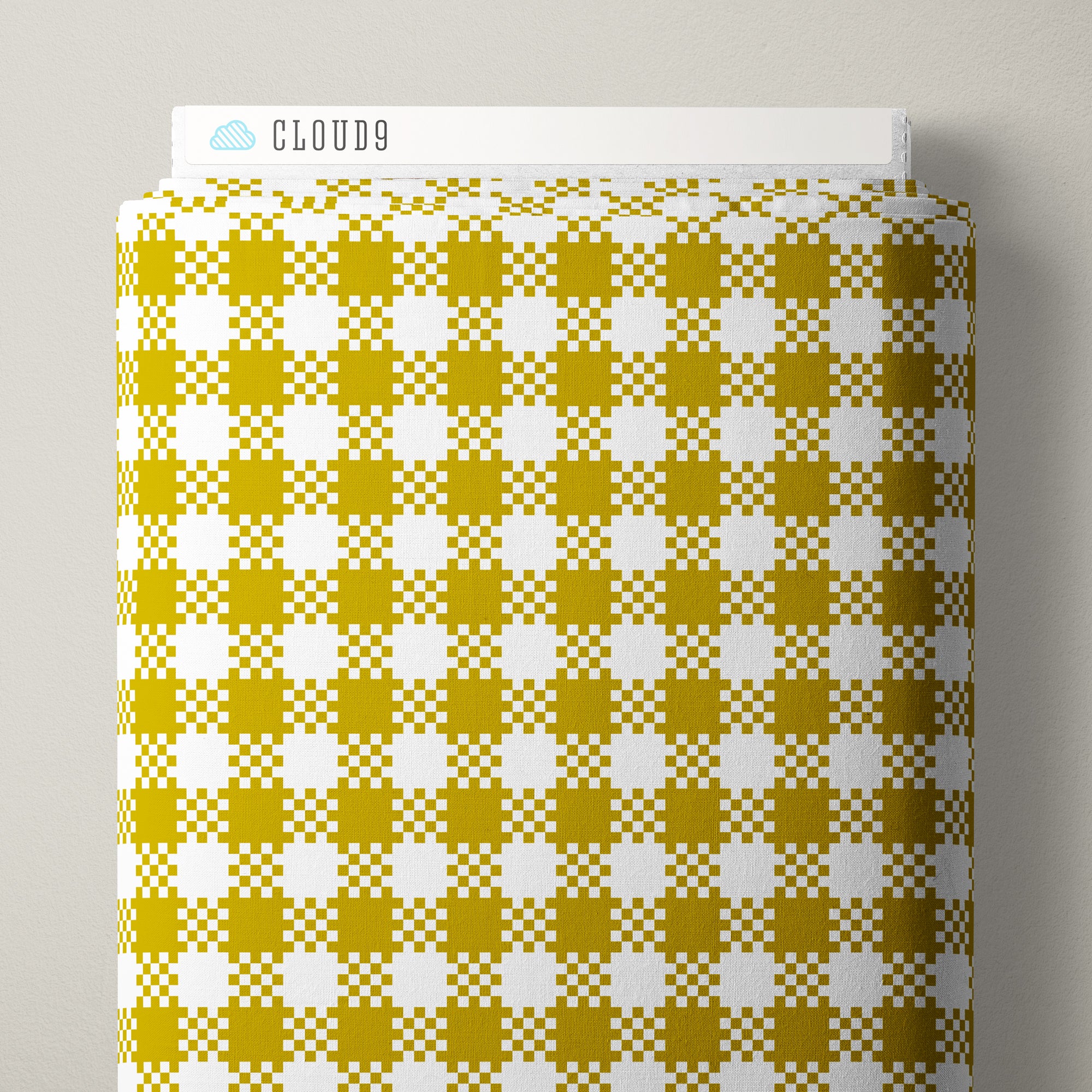 A roll of patterned fabric with a yellow and white gingham check design, shown on a neutral light gray background. A white header card at the top displays the brand name 'CLOUD9' with a small blue cloud logo.