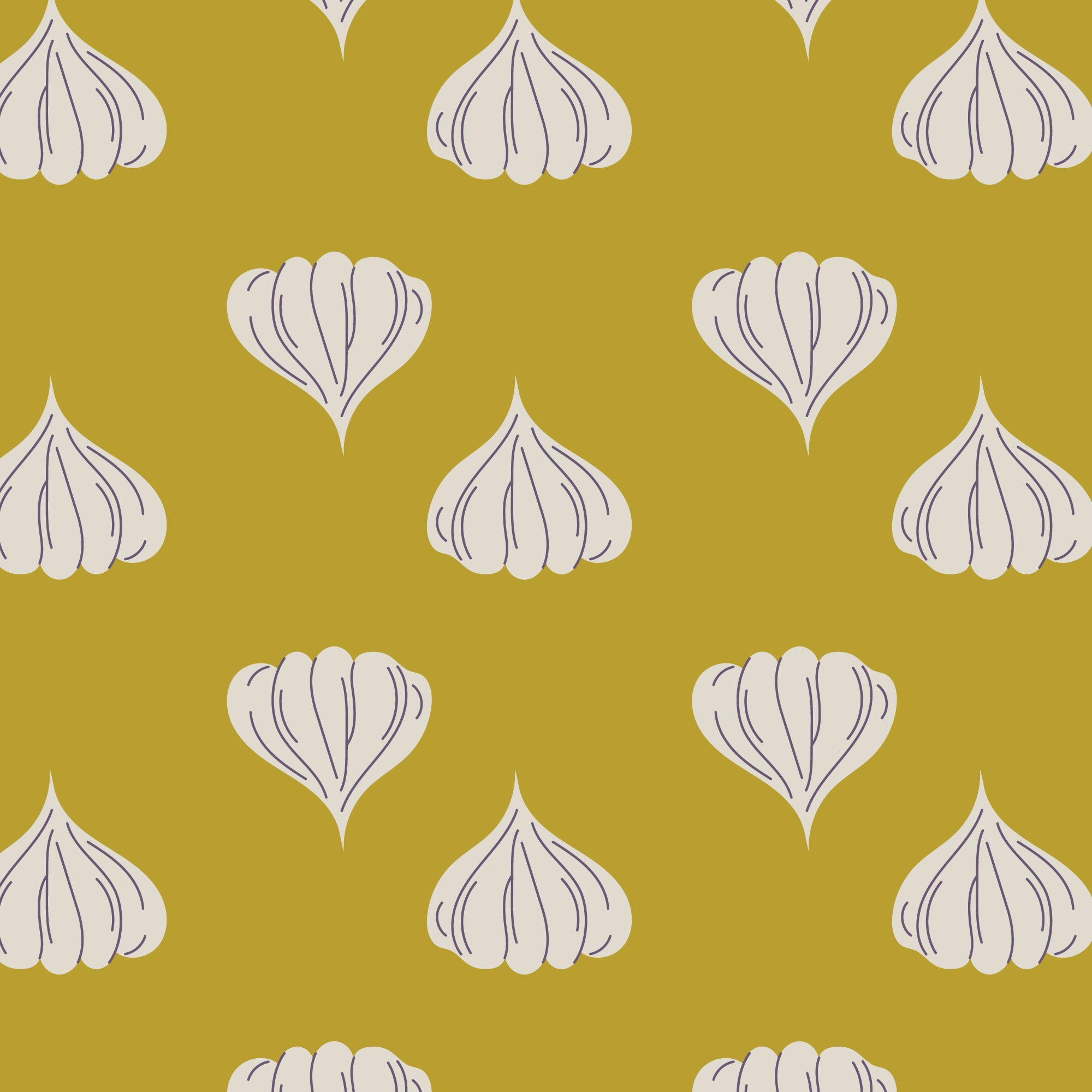 A repeating pattern of stylized garlic bulbs in off-white with gray outlines on a mustard yellow background.