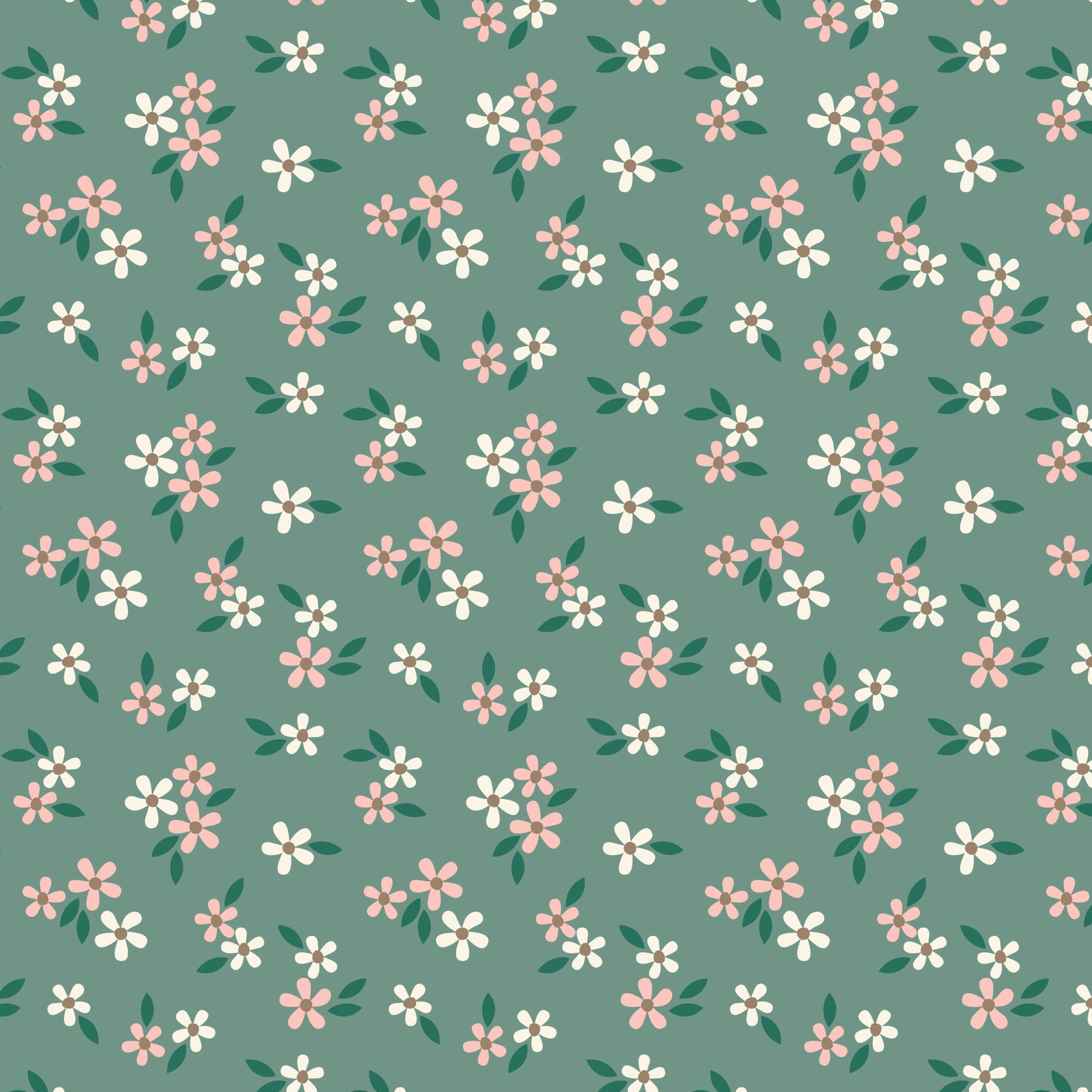 A repeating floral pattern on a muted sage green background, featuring small white flowers, soft pink blossoms, and dark green leaves.