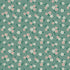 A repeating floral pattern on a muted sage green background, featuring small white flowers, soft pink blossoms, and dark green leaves.