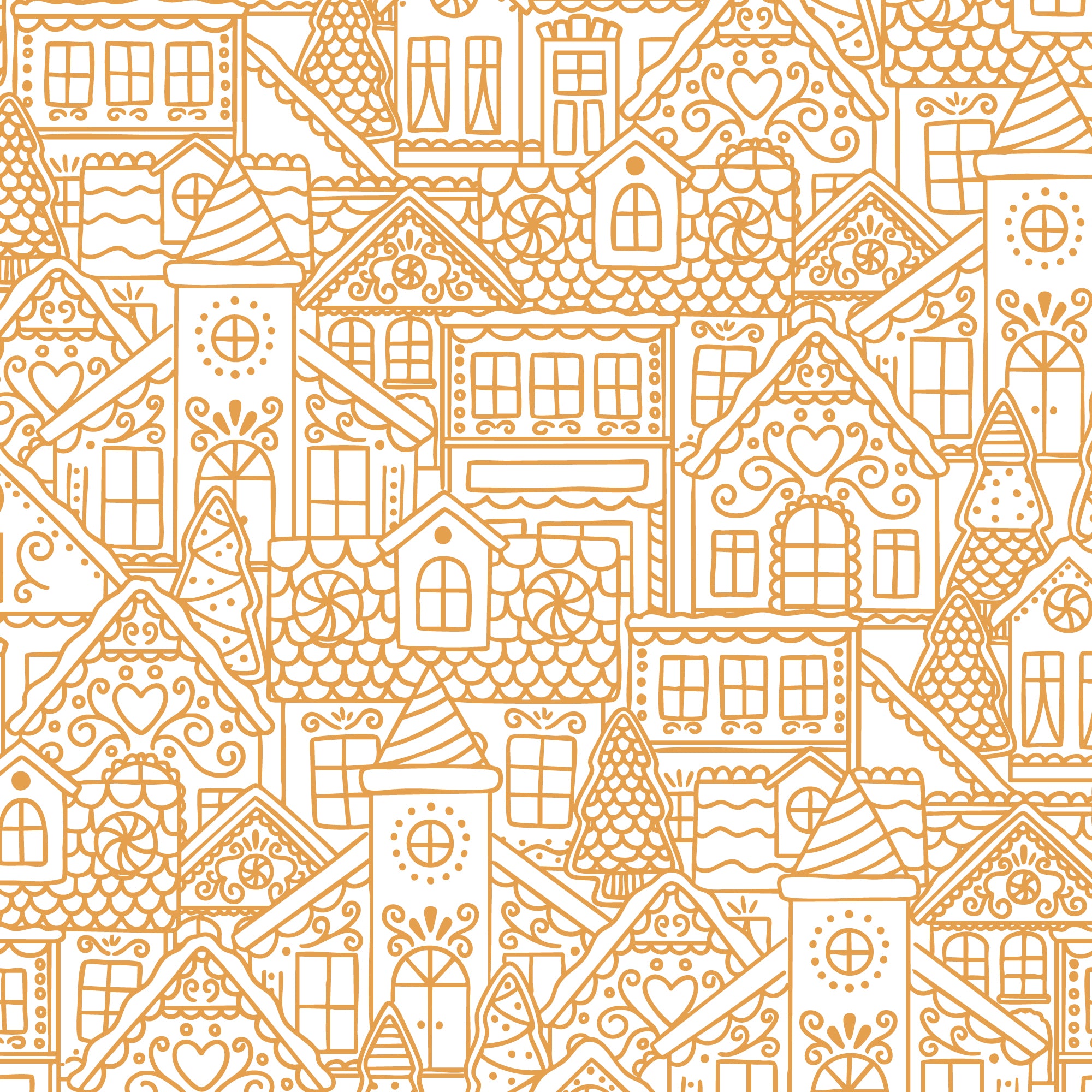 Pattern of stylized houses in gold on a white background