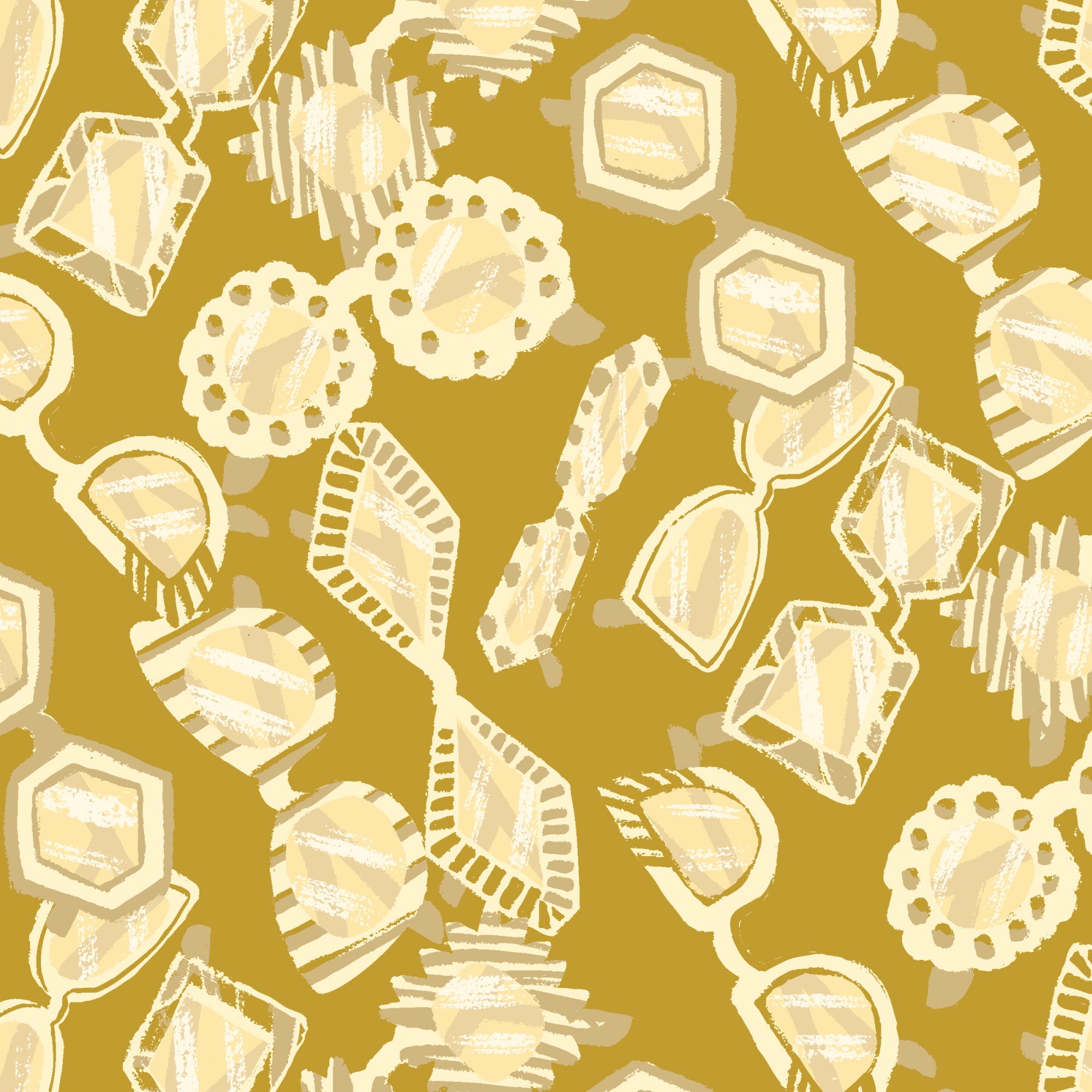 A repeating abstract pattern of cream and off-white decorative shapes on a mustard yellow background.