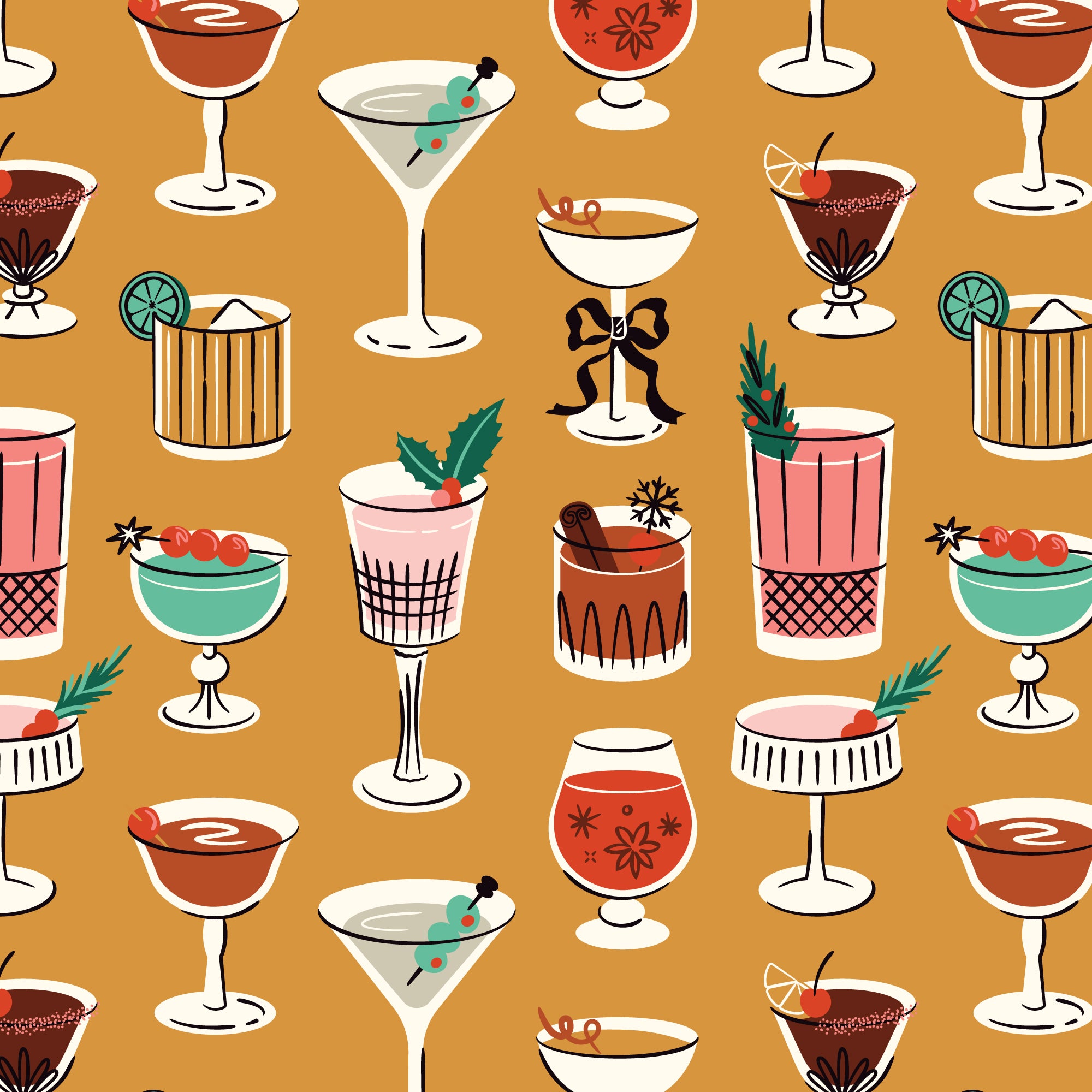 Fabric with various cocktails in glasses on a mustard yellow background