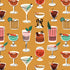 Fabric with various cocktails in glasses on a mustard yellow background
