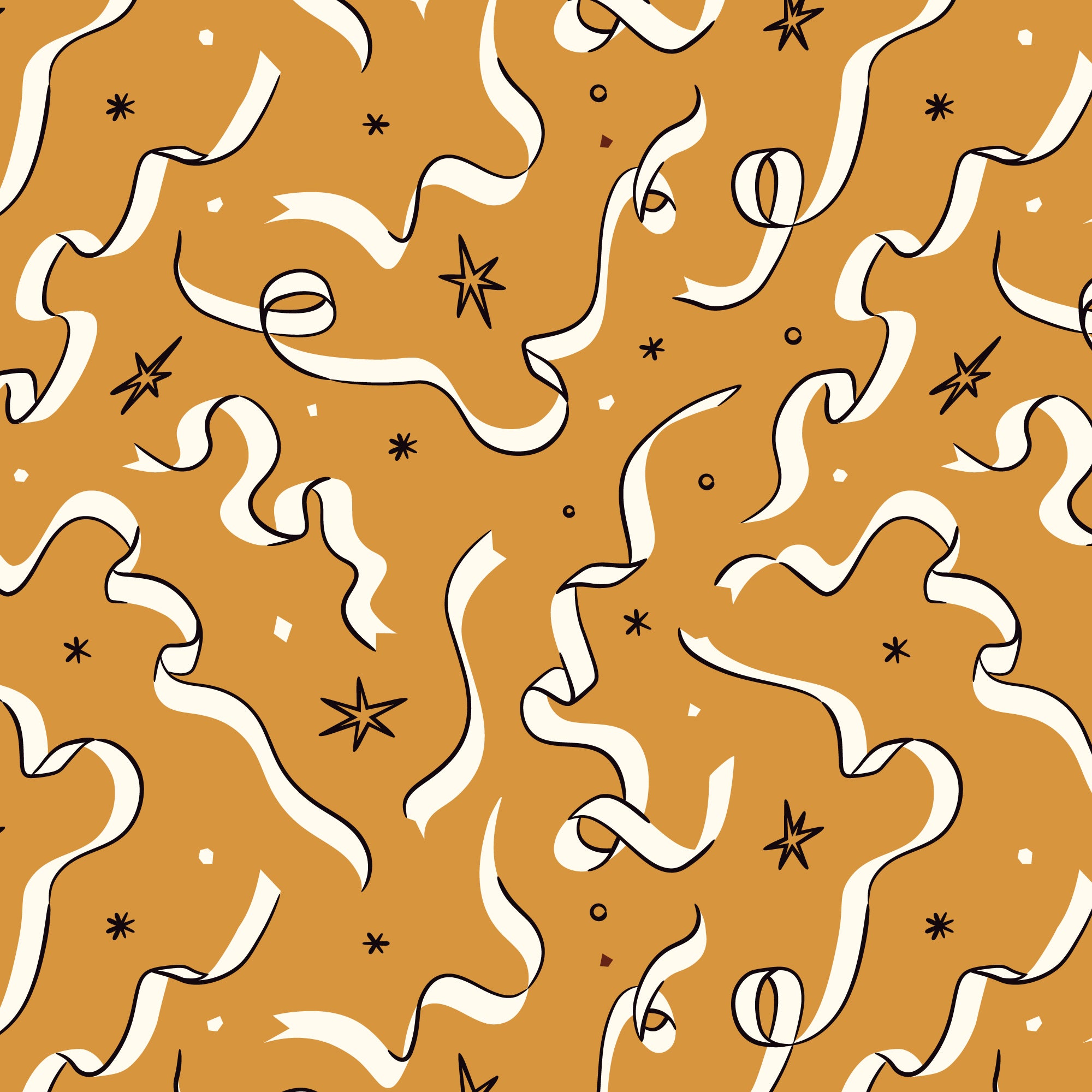 Pattern of white ribbons and stars on a mustard yellow background