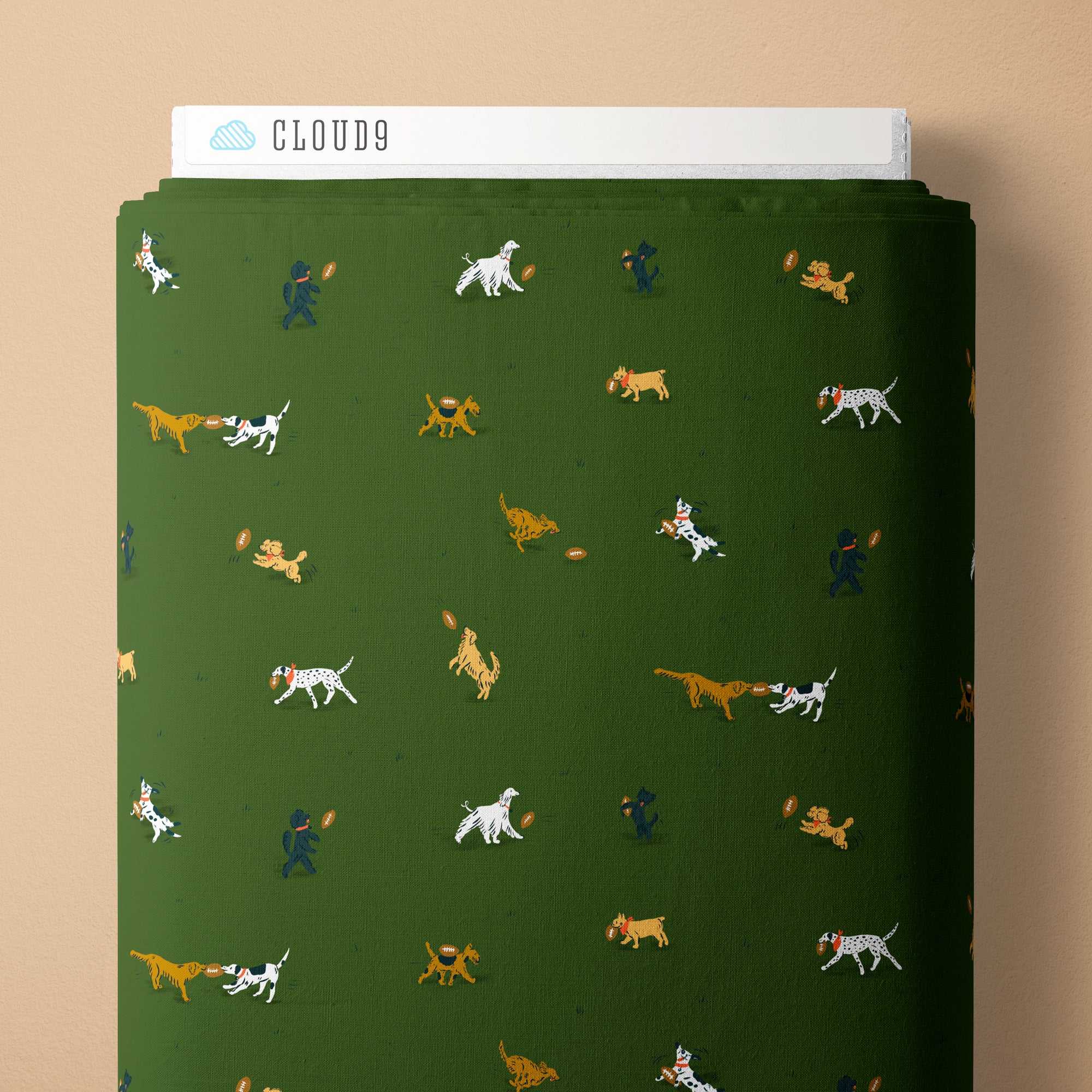 Green fabric with small dog pattern and Cloud9 branding on a beige background