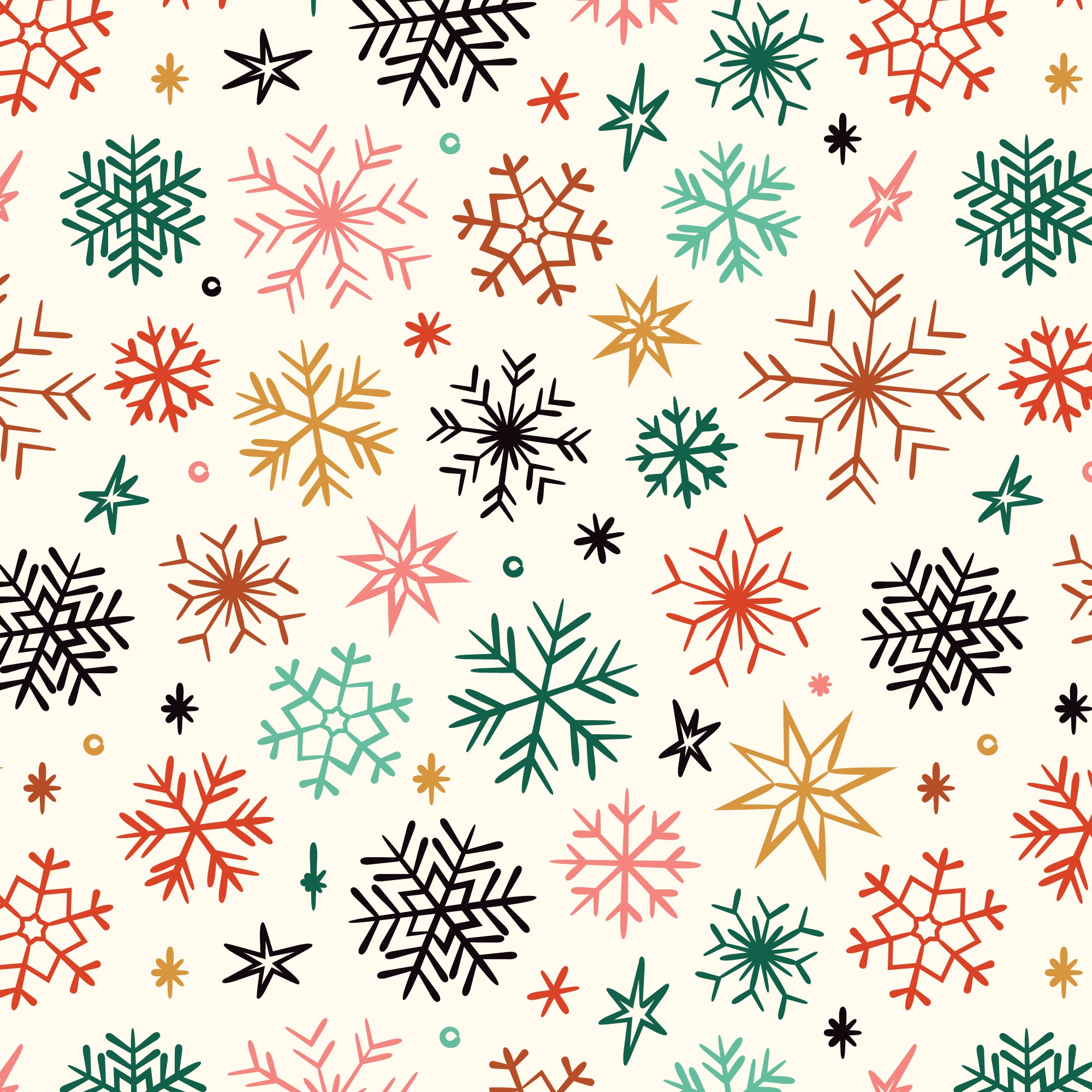 Pattern of colorful snowflakes on a white background