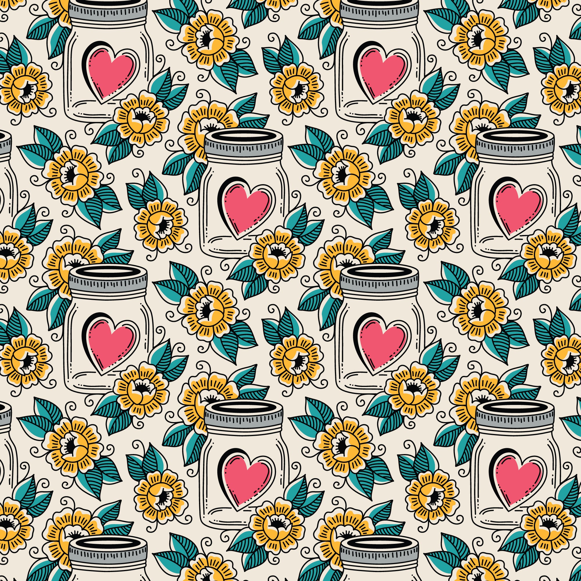 Fabric Cloud9 Ivory/Multi Jars of Love Love, Ink by the Quarter Yard 228634