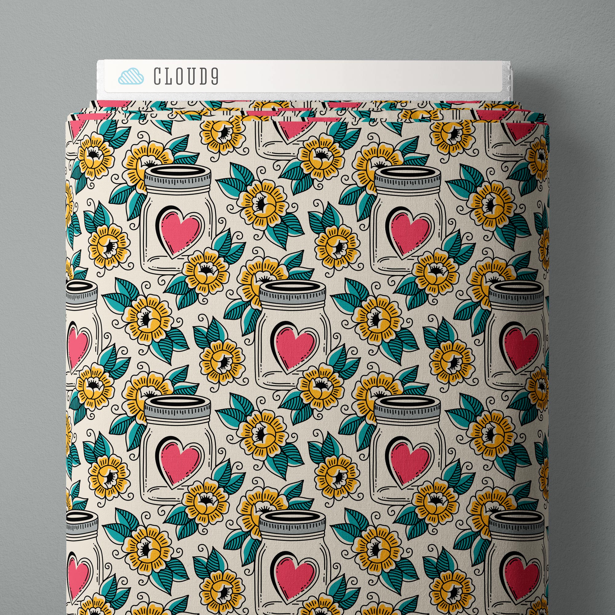 Fabric Cloud9 Ivory/Multi Jars of Love Love, Ink by the Quarter Yard 228634