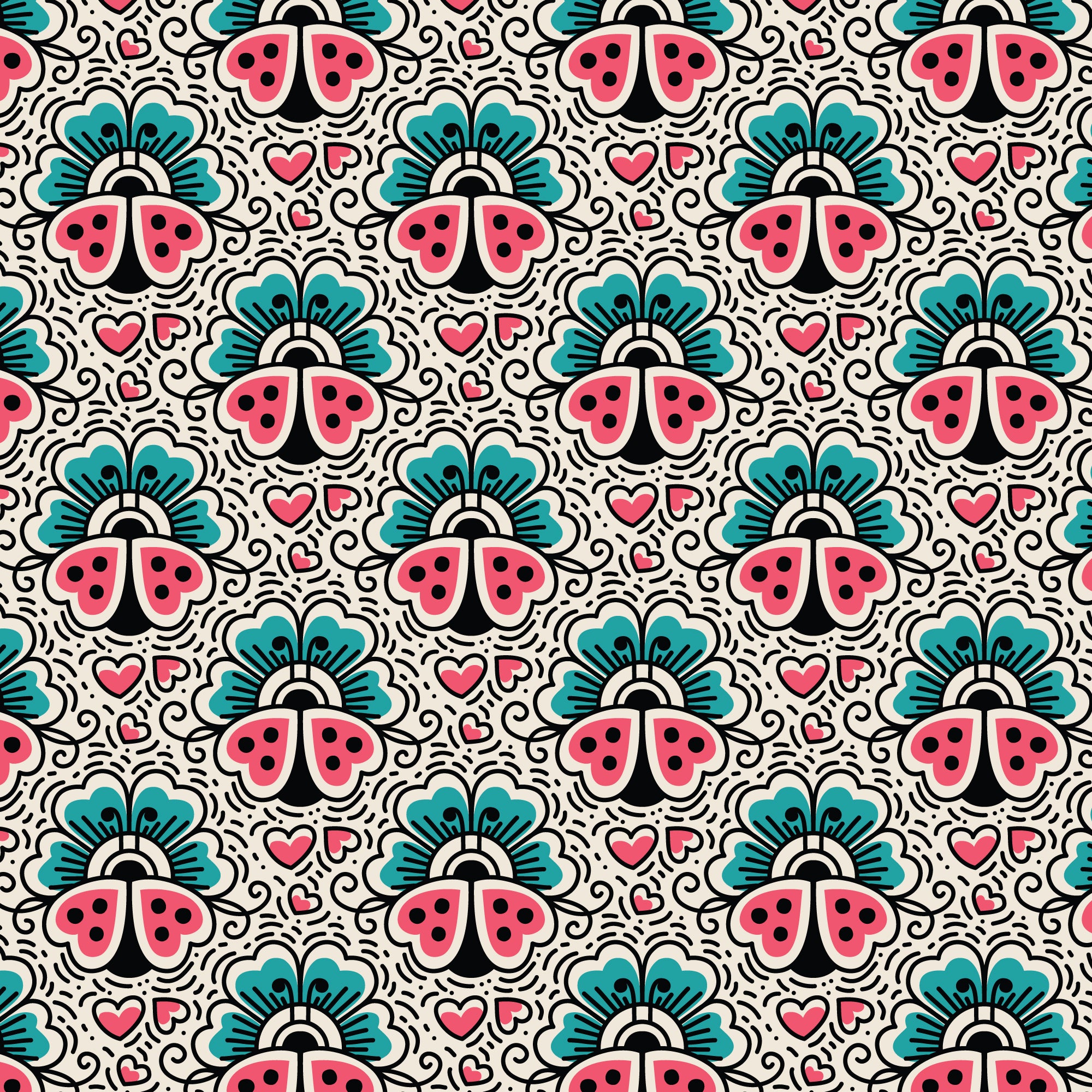 Fabric Cloud9 Ivory/Multi Love Bug Love, Ink by the Quarter Yard 228635