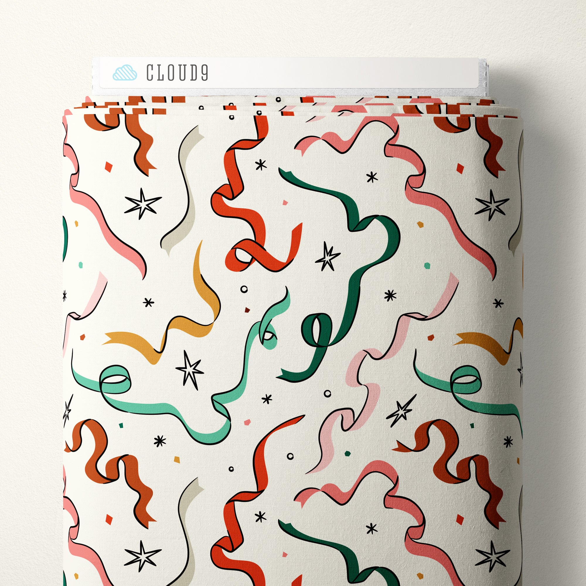 Textile with colorful ribbon pattern on a white background, branded 'Cloud9'.