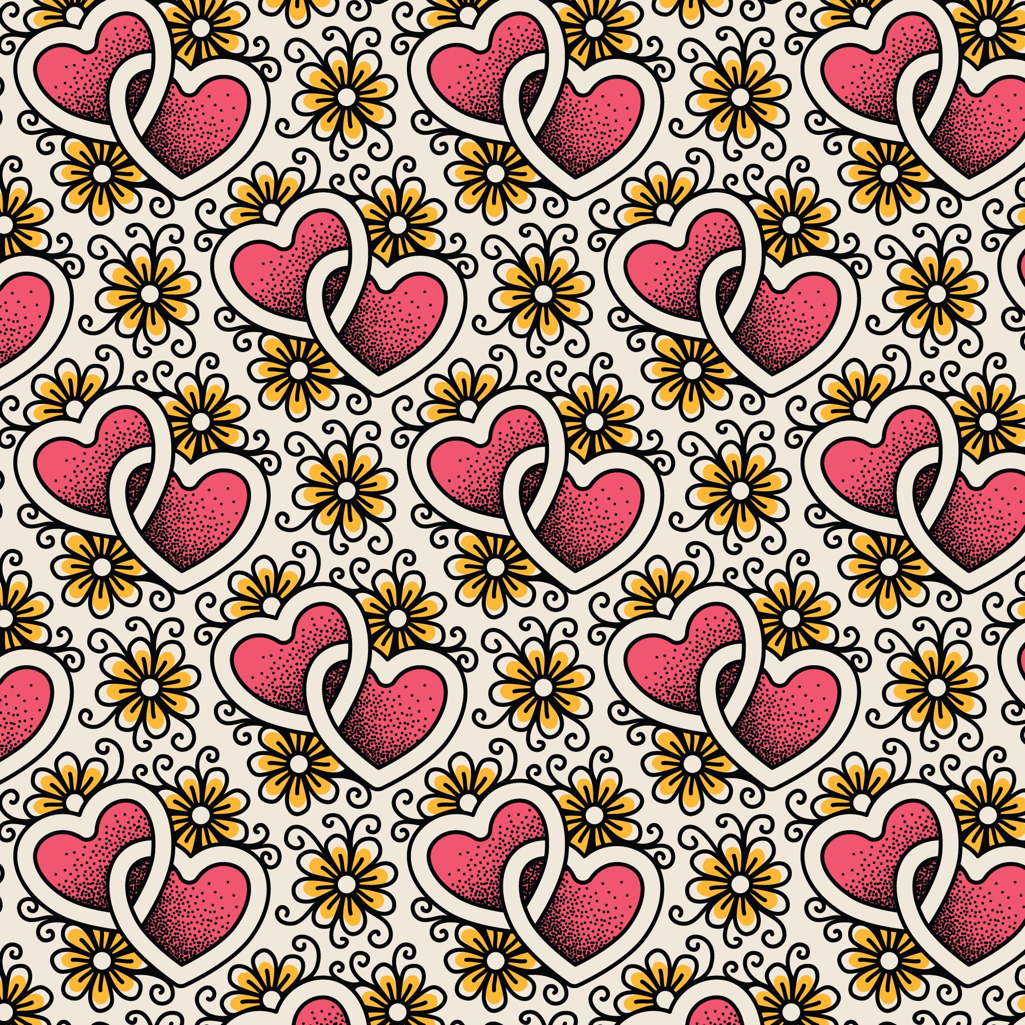 Fabric Cloud9 Ivory/Pink Joined Hearts Love, Ink by the Quarter Yard 228636