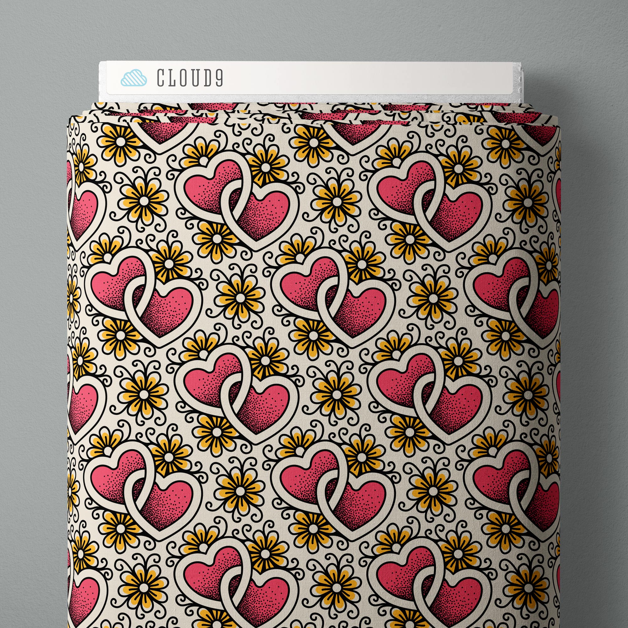 Fabric Cloud9 Ivory/Pink Joined Hearts Love, Ink by the Quarter Yard 228636
