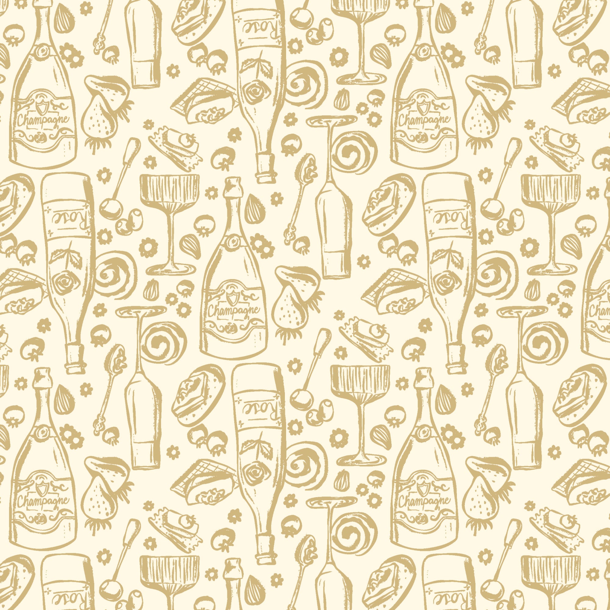 A repeating champagne-themed pattern on a warm cream background, featuring hand-drawn sketches of champagne bottles, flutes, straws, grapes, and small food motifs in a muted tan line color.