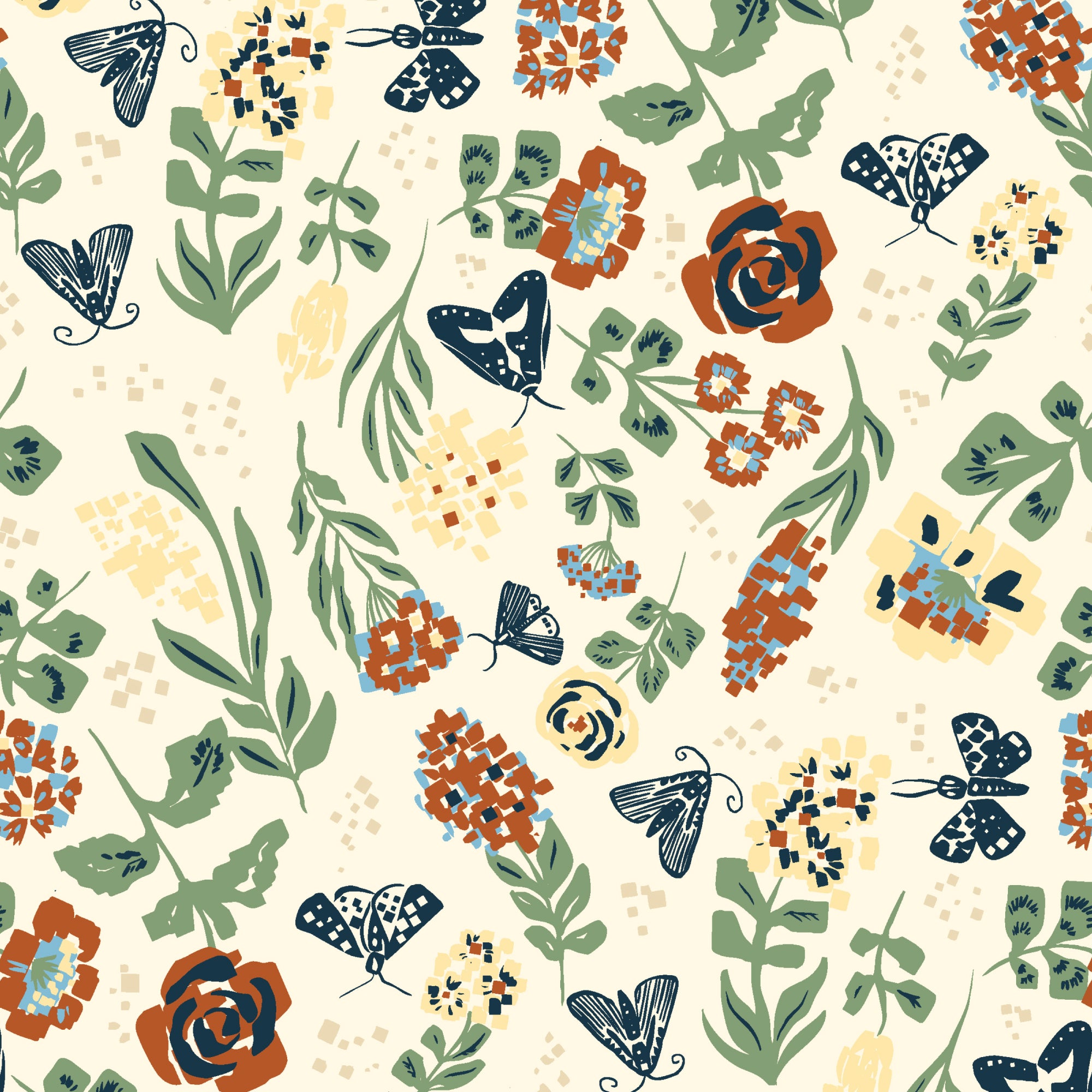 A repeating floral and insect pattern on a warm cream background, featuring green leaves, orange and blue flowers, and dark blue butterflies and moths.