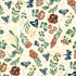 A repeating floral and insect pattern on a warm cream background, featuring green leaves, orange and blue flowers, and dark blue butterflies and moths.
