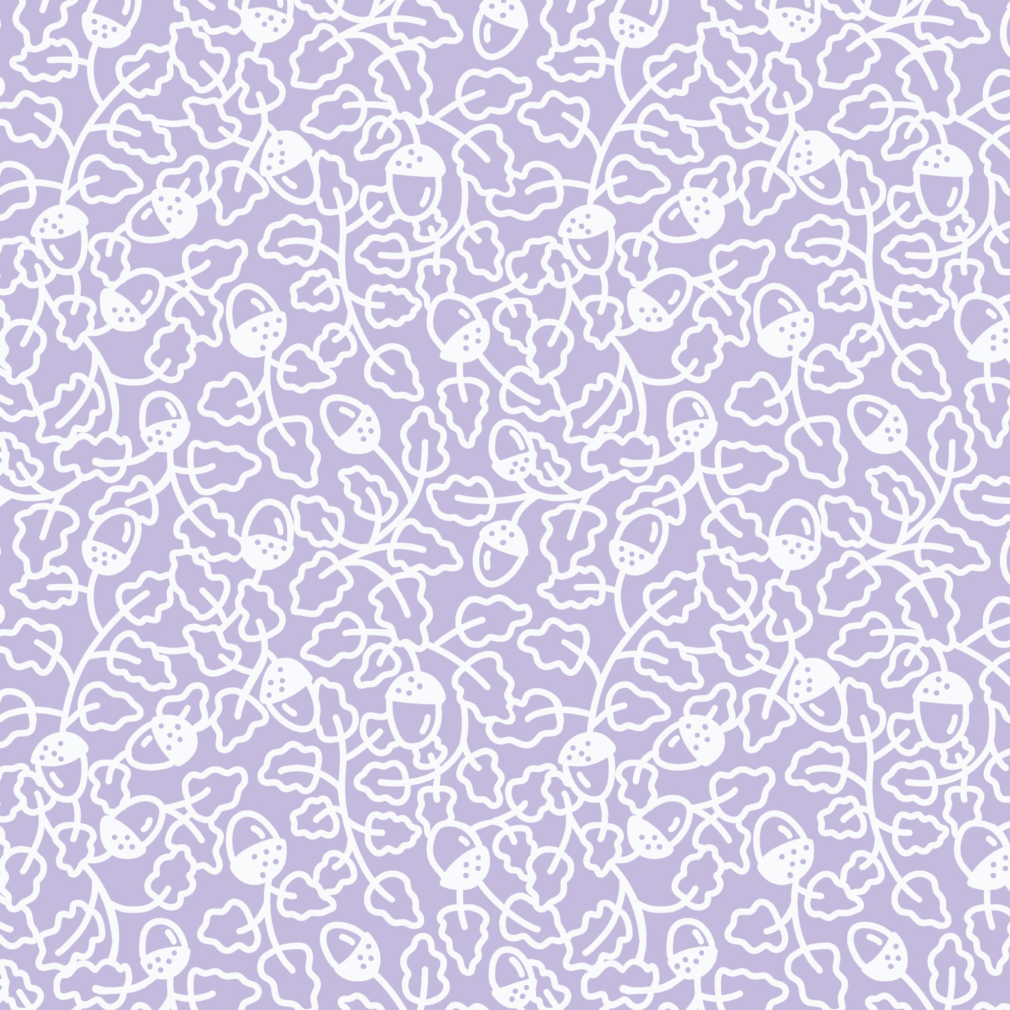 A repeating white line-art pattern of leaves, acorns, and vines on a light lavender background.