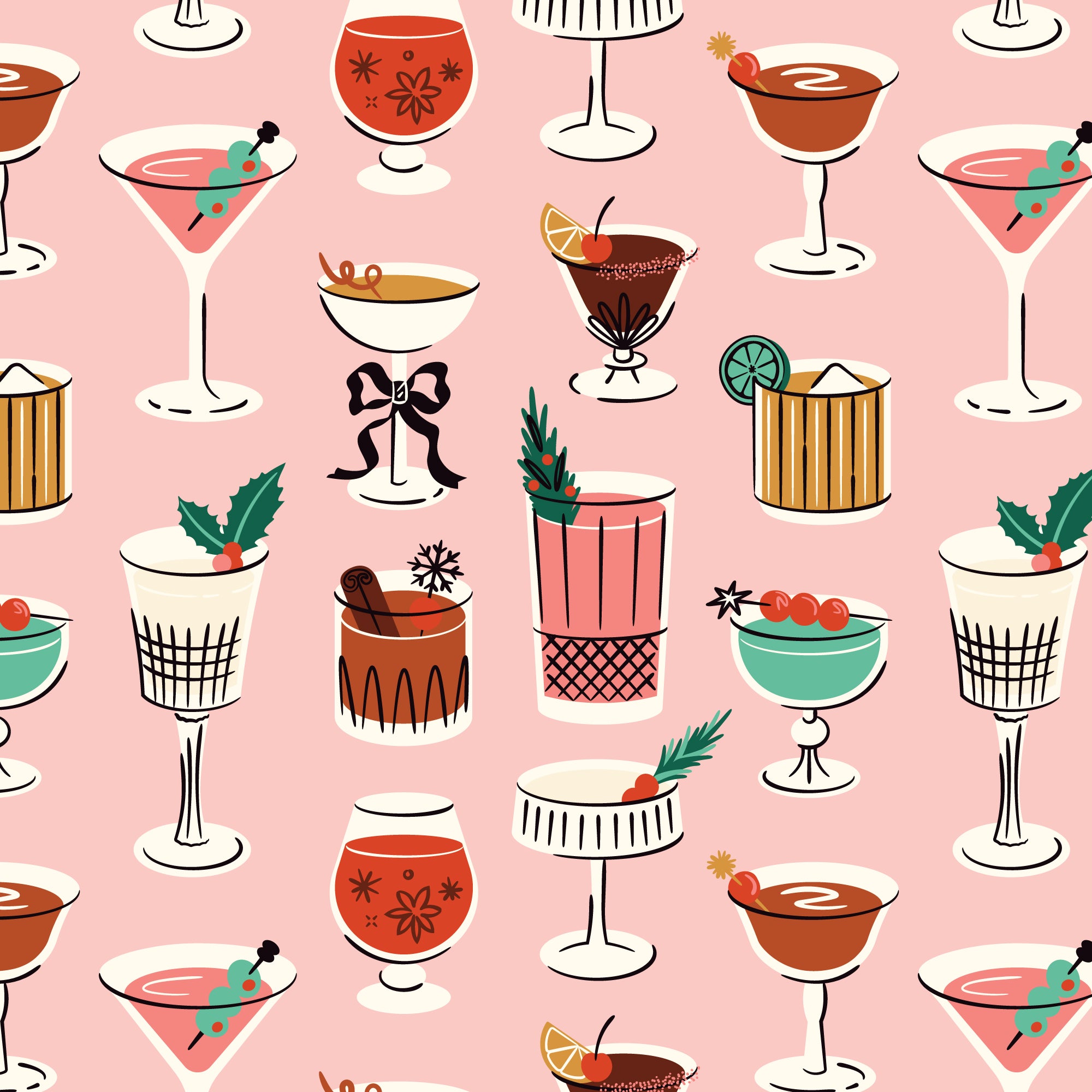 Fabric showing various cocktails in different glasses on a pink background