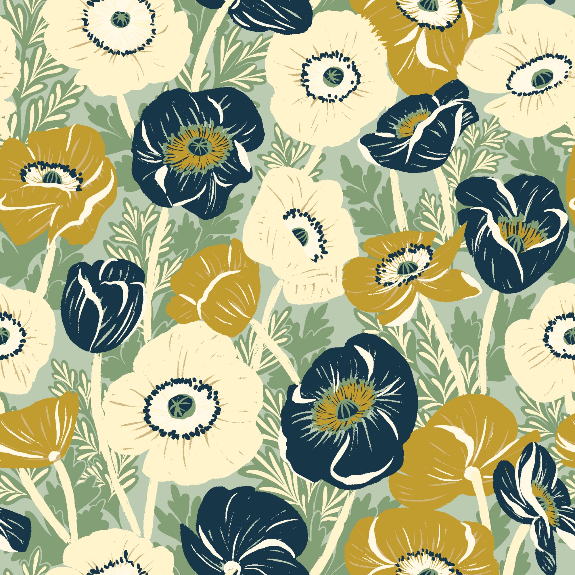 A repeating floral pattern featuring stylized poppy-like flowers in cream, mustard yellow, and dark navy blue with pale green leaves on a light sage background.