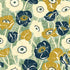 A repeating floral pattern featuring stylized poppy-like flowers in cream, mustard yellow, and dark navy blue with pale green leaves on a light sage background.