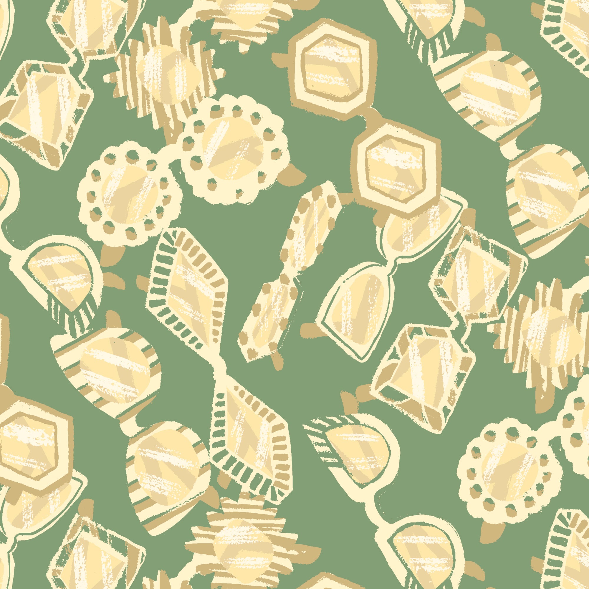 A repeating abstract pattern of cream and beige hand-drawn shapes on a muted sage green background.