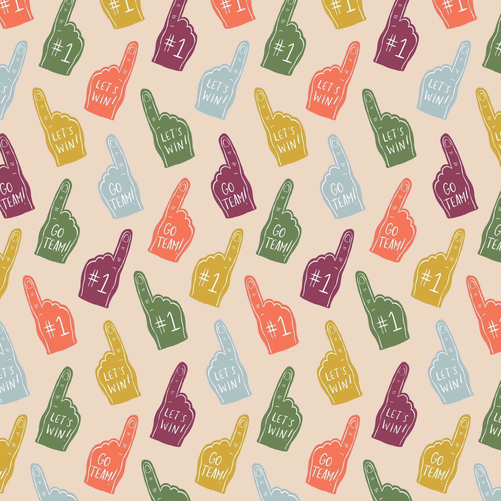 Pattern of colorful hand gestures with text on a beige background