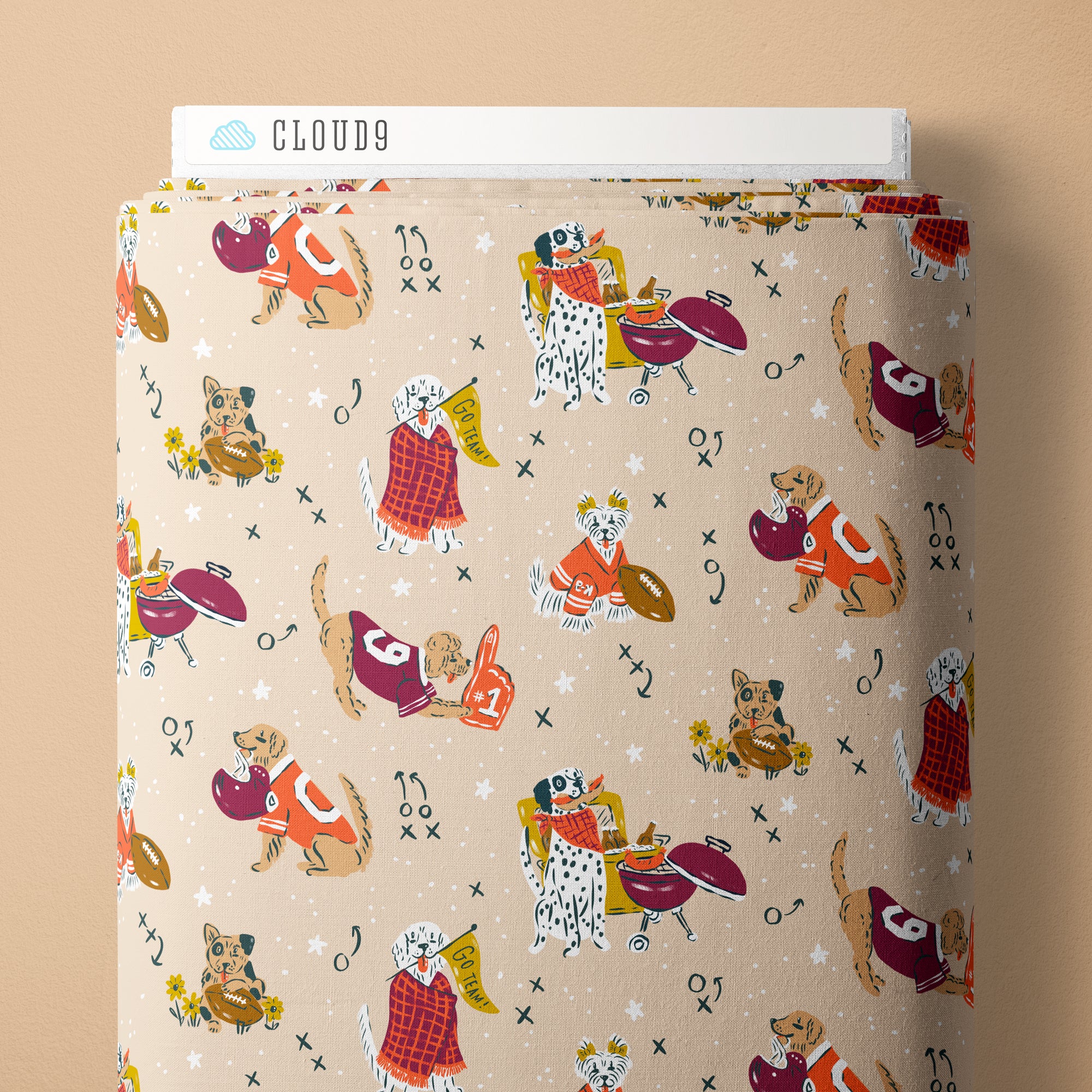 Packaging of Cloud9 fabric with dog-themed pattern on a beige background