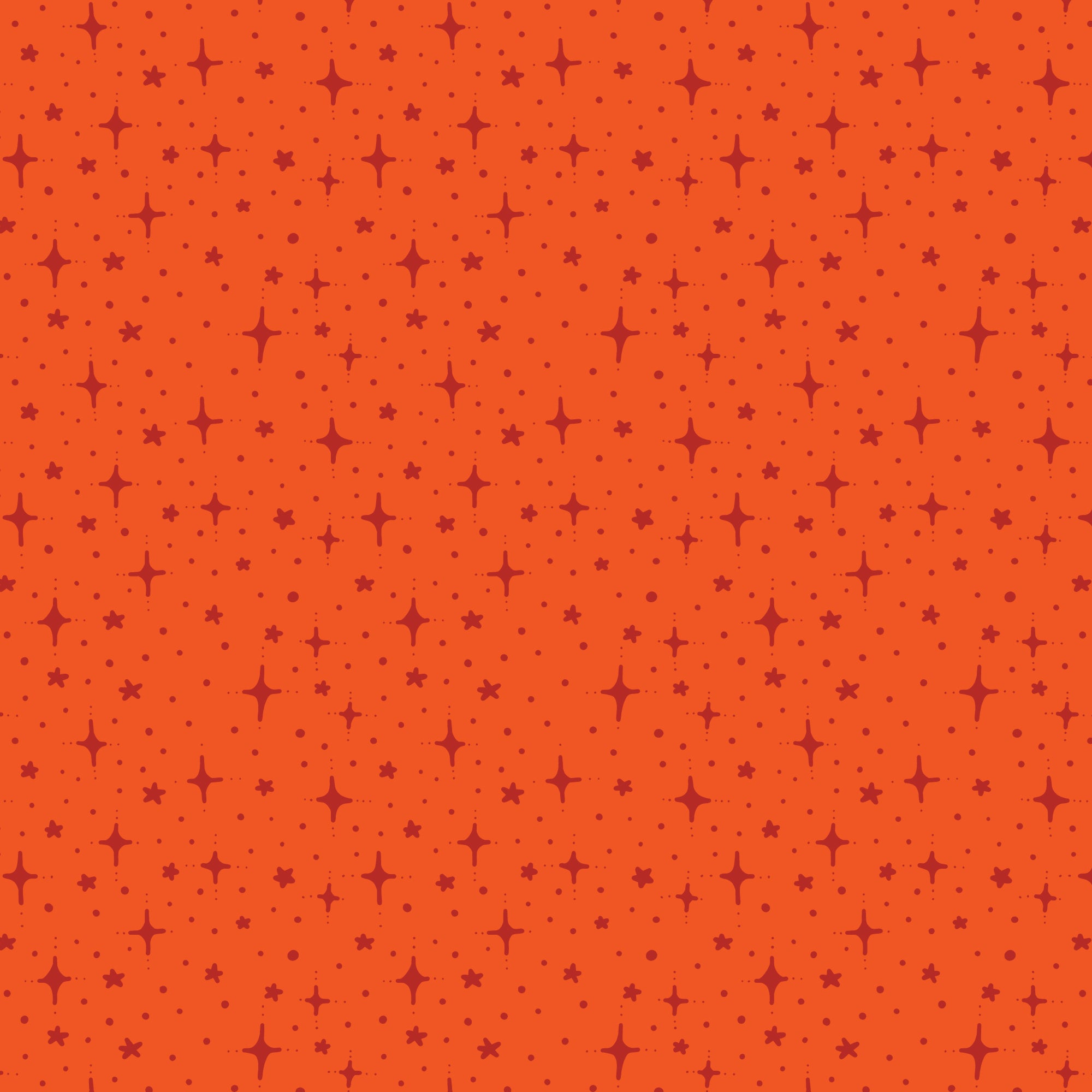 A repeating pattern of small dark red stars and dots on a bright orange background.
