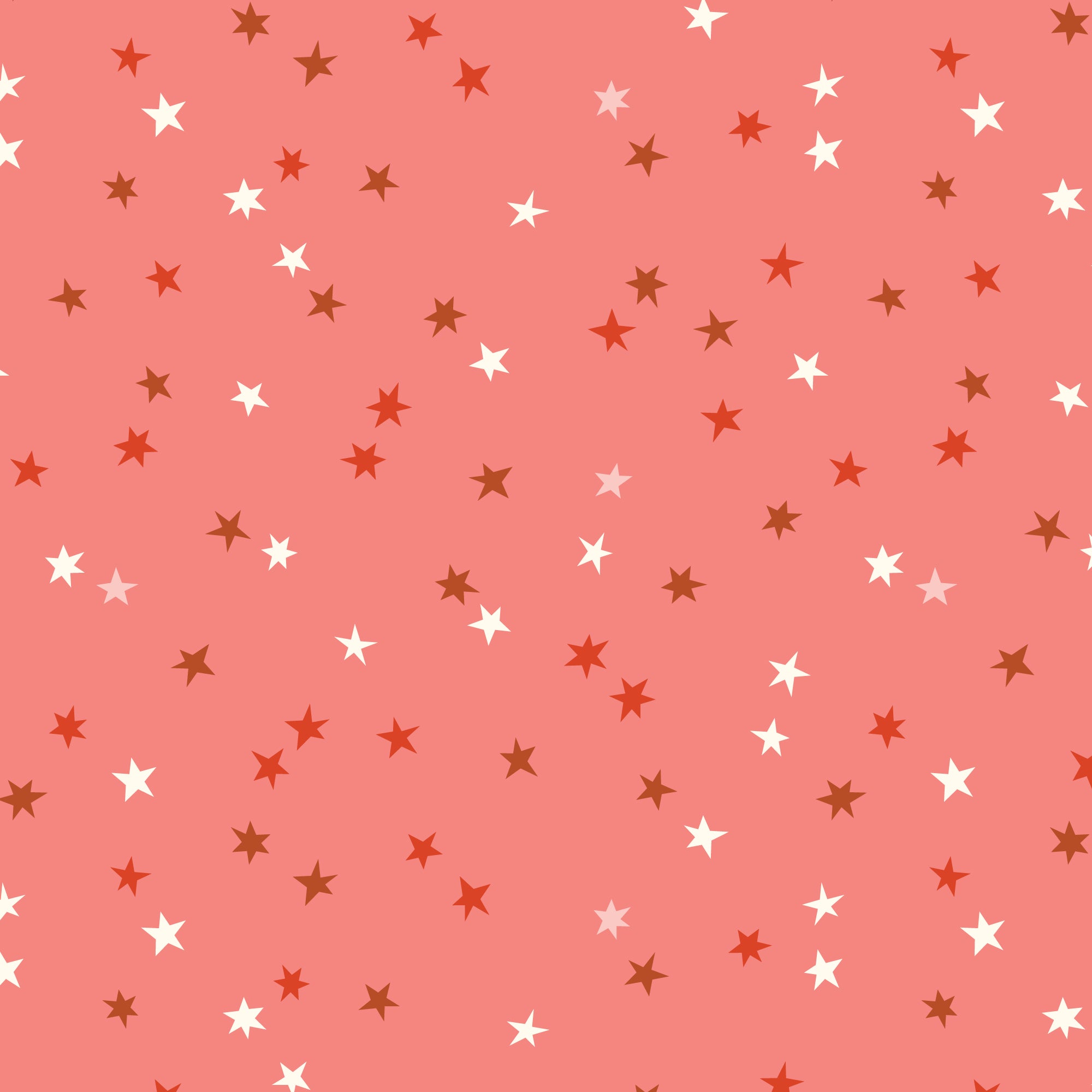 Fabric with red, white, and brown stars on a pink background
