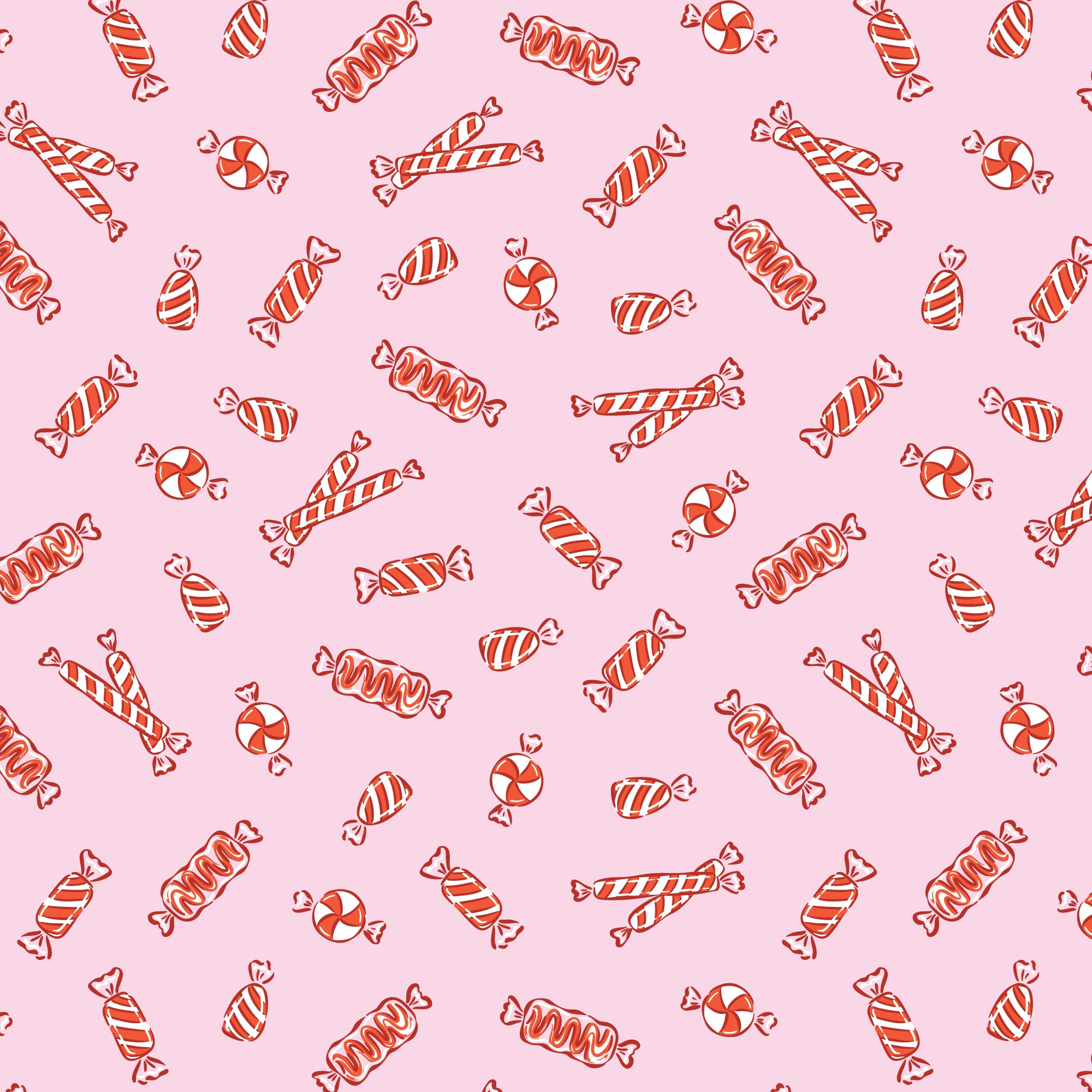 Fabric with a pattern of red and white candy on a pink background