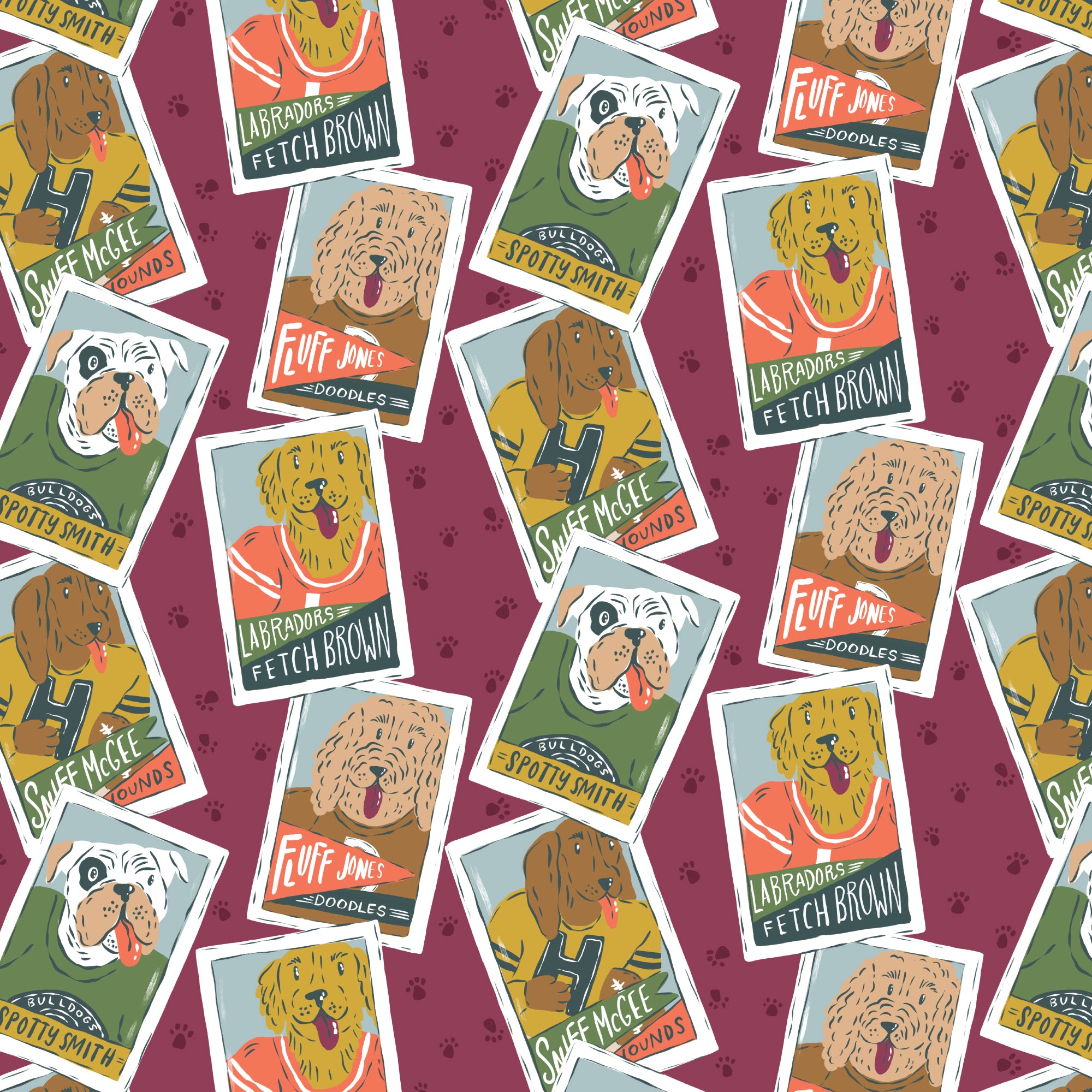 Pattern of colorful dog illustrations with text on a red background