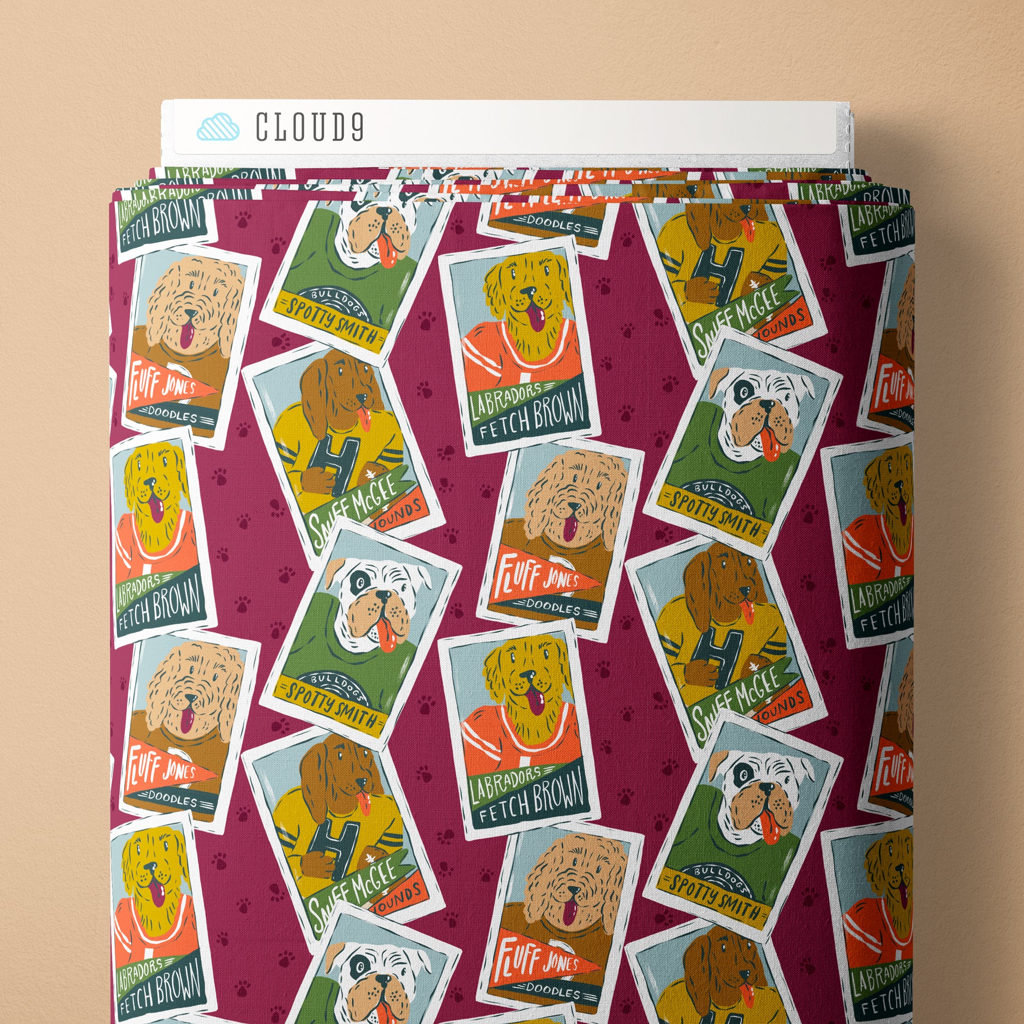 Collection of colorful dog-themed stickers on a pink background with 'Cloud9' branding.