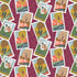 Pattern of colorful dog illustrations with text on a red background