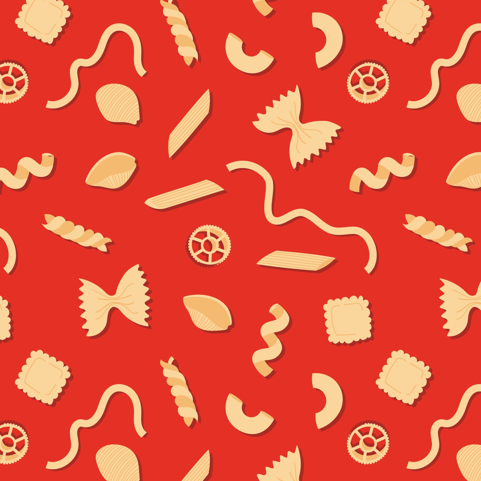 A repeating pattern of various pasta shapes in a light beige color scattered across a solid red background.