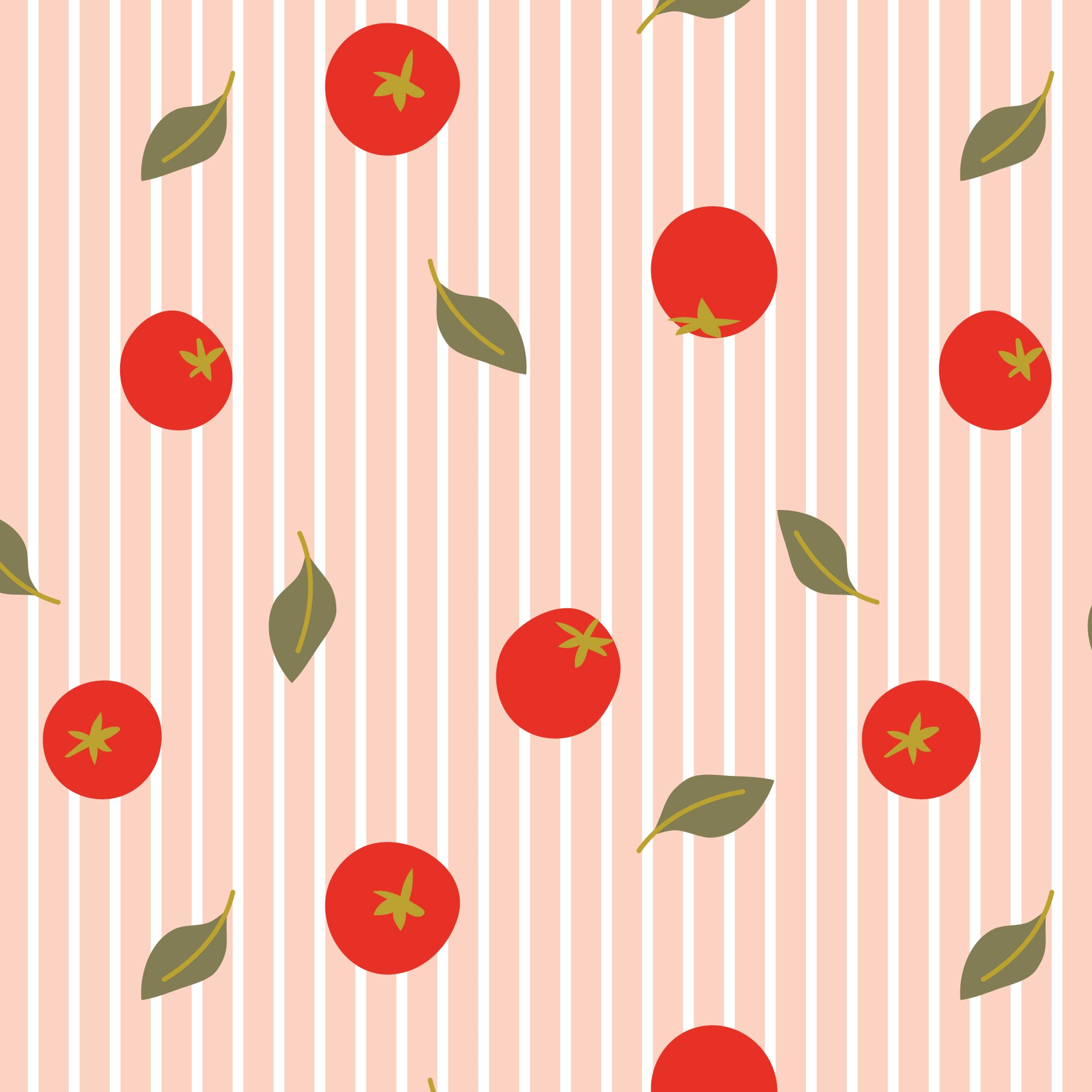A repeating pattern featuring red tomatoes with green leaves on a light pink background with thin white vertical stripes.
