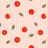 A repeating pattern featuring red tomatoes with green leaves on a light pink background with thin white vertical stripes.