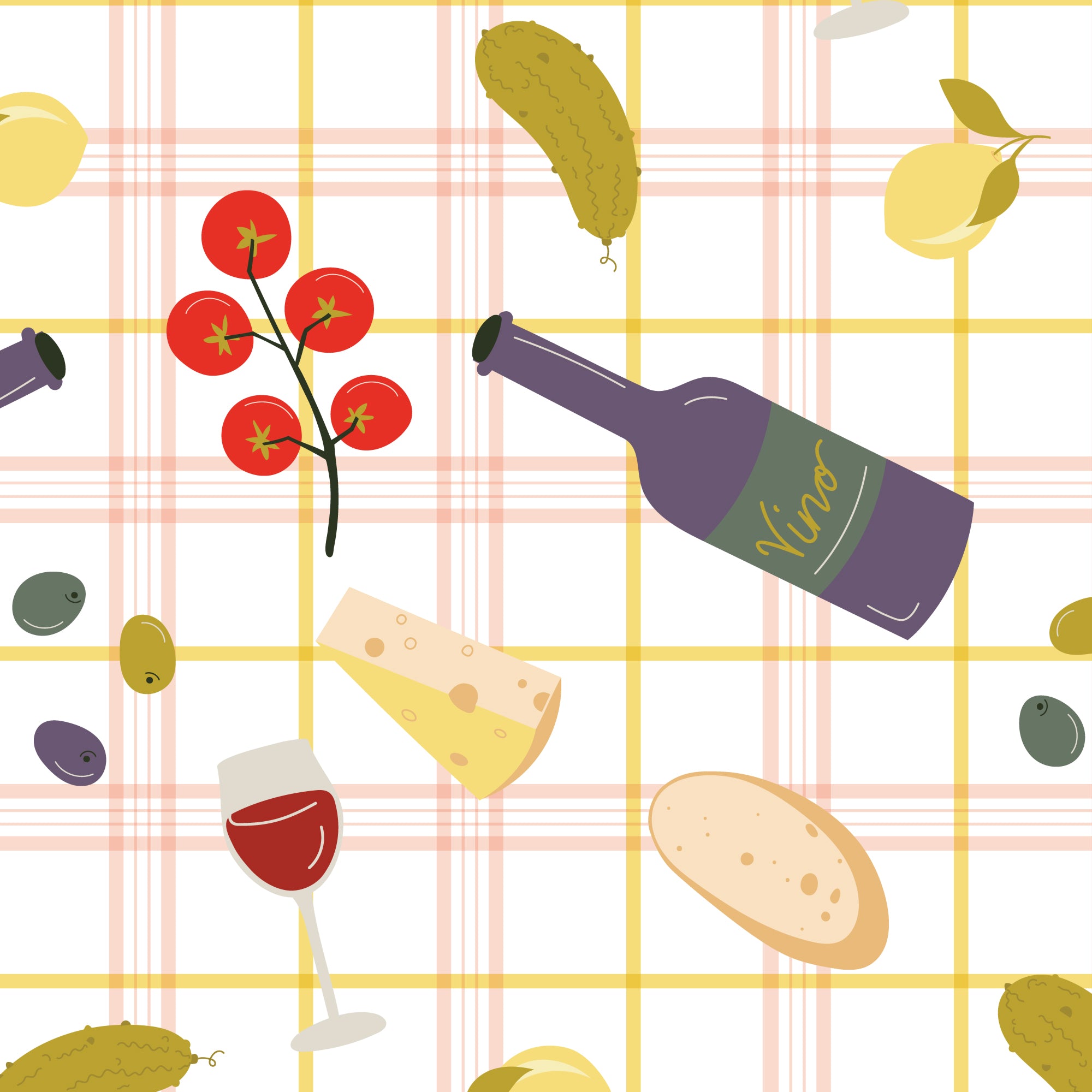 A repeating illustrated picnic-themed pattern on a white background with a pale pink and yellow plaid grid. Visible elements include a purple wine bottle labeled Vino, red tomatoes on a stem, a glass of red wine, a wedge of cheese, a bread loaf, olives, and pickles.