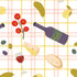 A repeating illustrated picnic-themed pattern on a white background with a pale pink and yellow plaid grid. Visible elements include a purple wine bottle labeled Vino, red tomatoes on a stem, a glass of red wine, a wedge of cheese, a bread loaf, olives, and pickles.