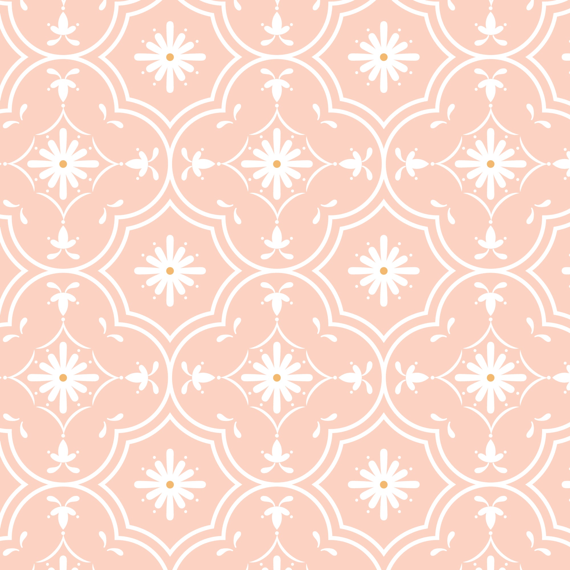 A repeating decorative pattern featuring white floral and geometric motifs on a soft blush pink background.