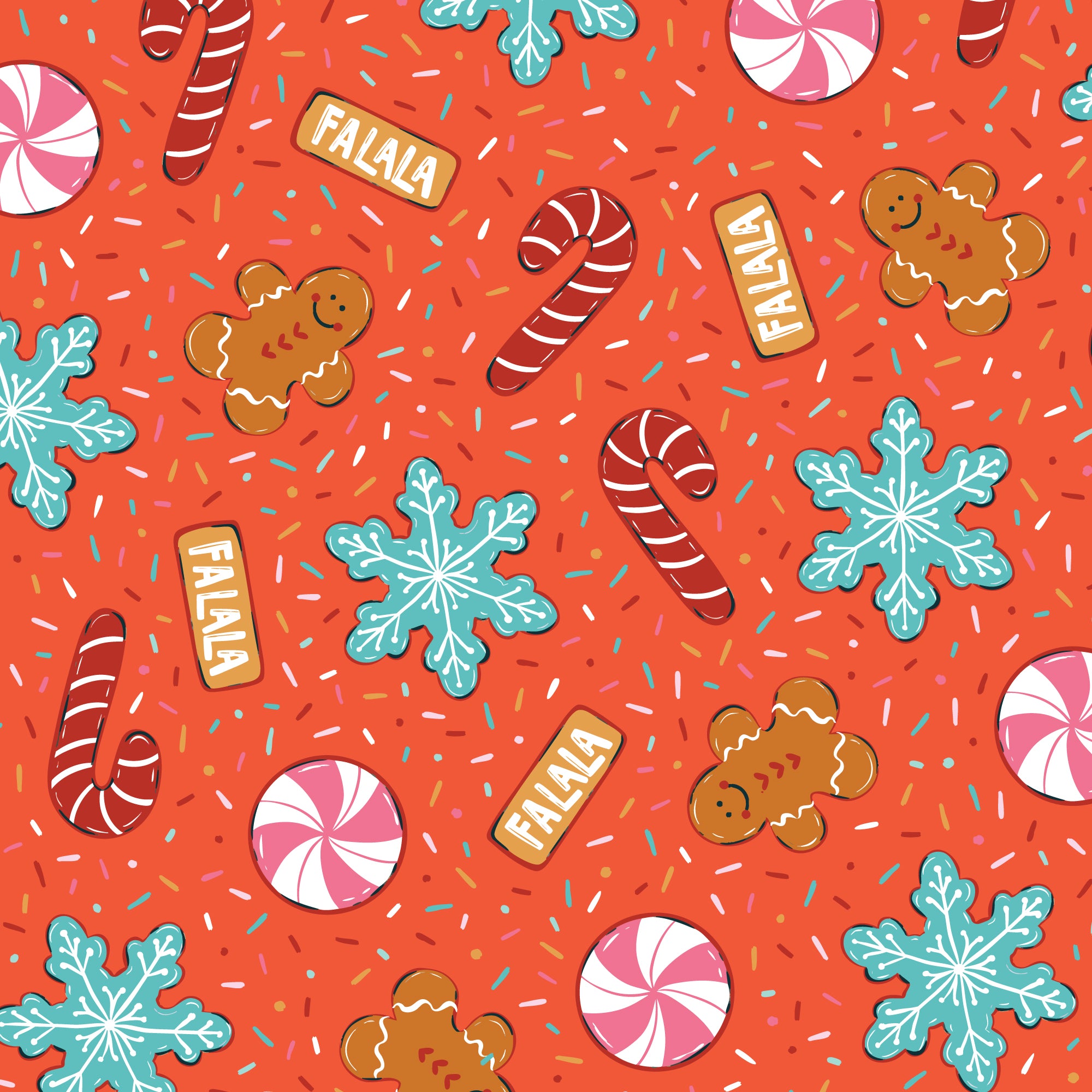 Colorful Christmas-themed fabric with candy canes, gingerbread men, snowflakes, and 'Falala' text on a red background.