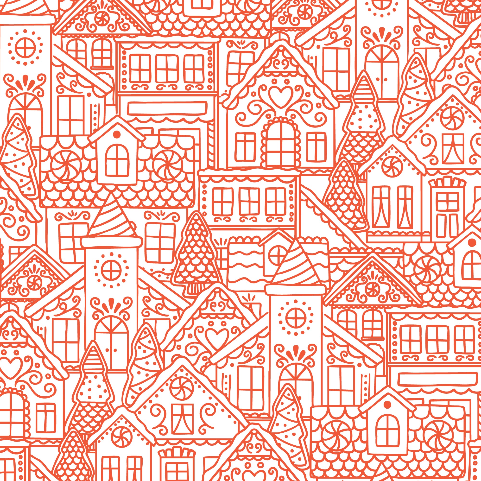 Pattern of gingerbread houses with decorative elements on a white background