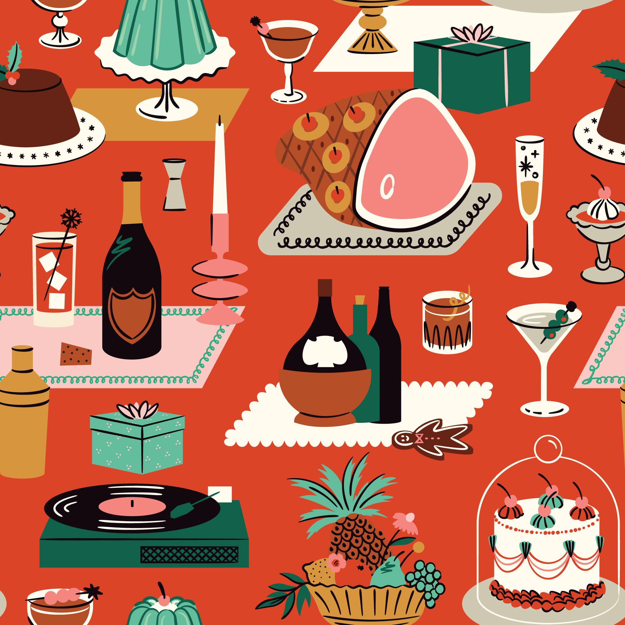 Fabric featuring a festive table setting with food, drinks, and decorative elements on a red background.