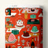 Patterned fabric with food and drink illustrations on a red background