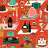 Fabric featuring a festive table setting with food, drinks, and decorative elements on a red background.