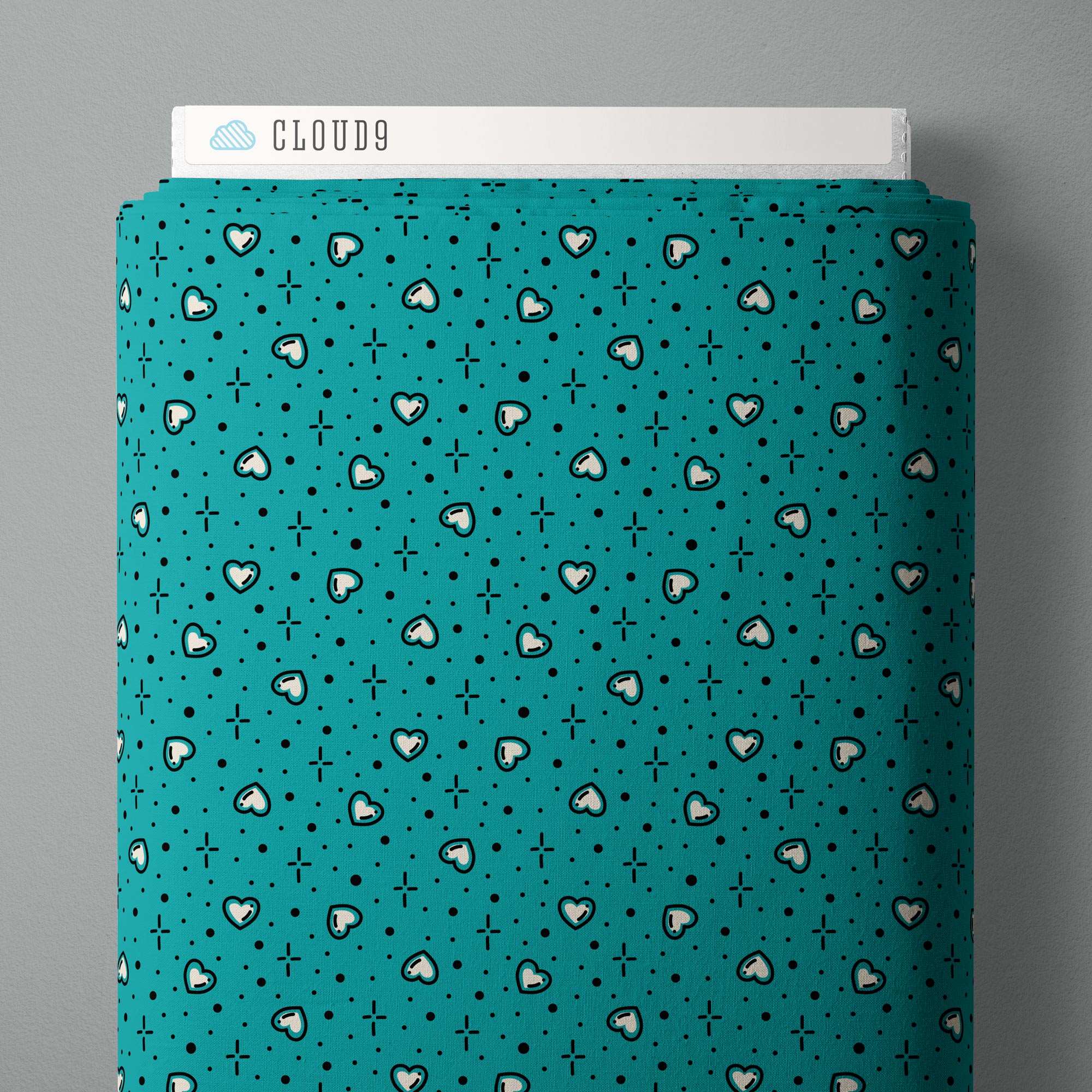 Fabric Cloud9 Teal Big Heart Plus Love, Ink by the Quarter Yard 228644