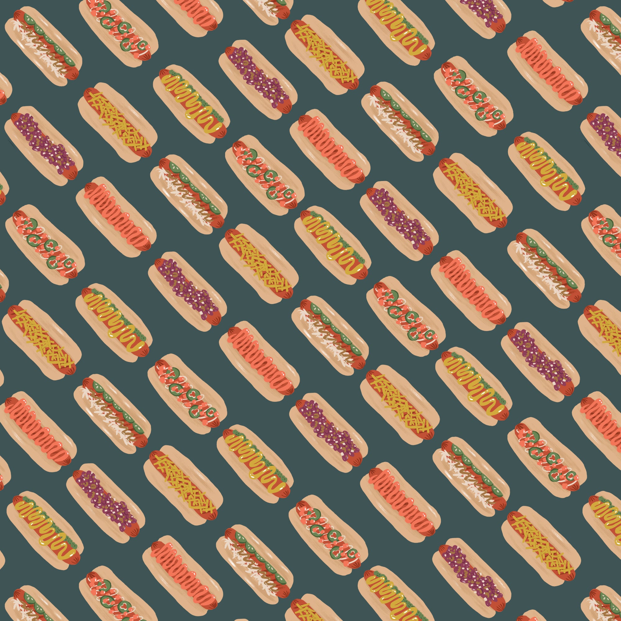 Pattern of hot dogs with various toppings on a teal background